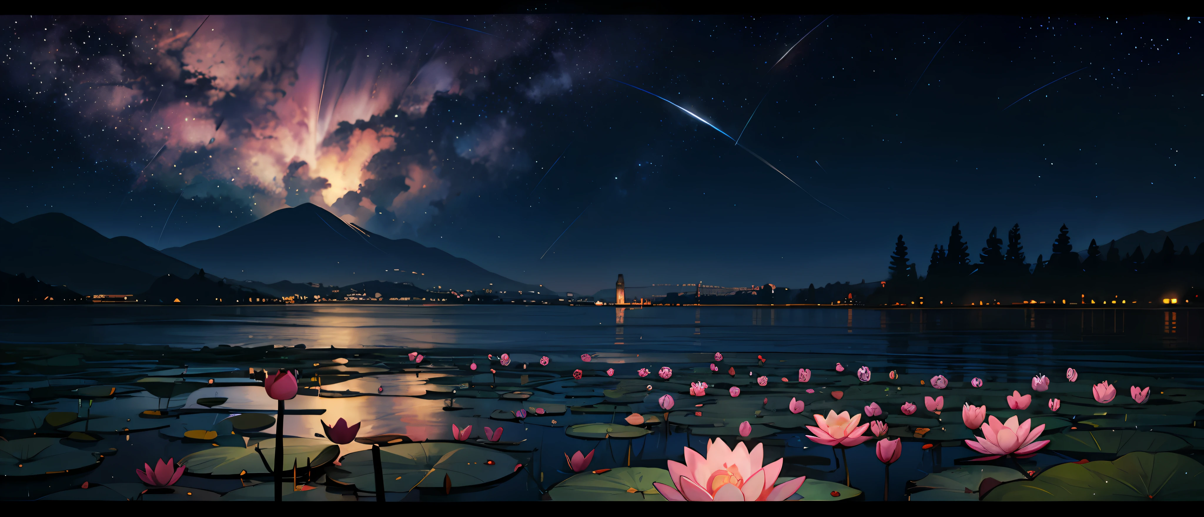 obra-prima, caprichoso, Anime fantastic landscape, sonho, wide vision, flor, Fadas, light particles, Lightweight joints, estrelas brilhantes, cometa passando ao longe, fantasia, astral, paz, cristal, montanha, lago, Natureza, jardim com vista para a paisagem, Flowing, (lua), Water lilies, Ghibli-como cores, Ghibli-como cores, Ghibli-como cores, cinematic lighting, profundidade de campo, character chart, Funciona prima, Funciona prima, anatomicamente correto, texturizada, super detalhe, de alta qualidade, Concedido, alto, best qualidade, 8k