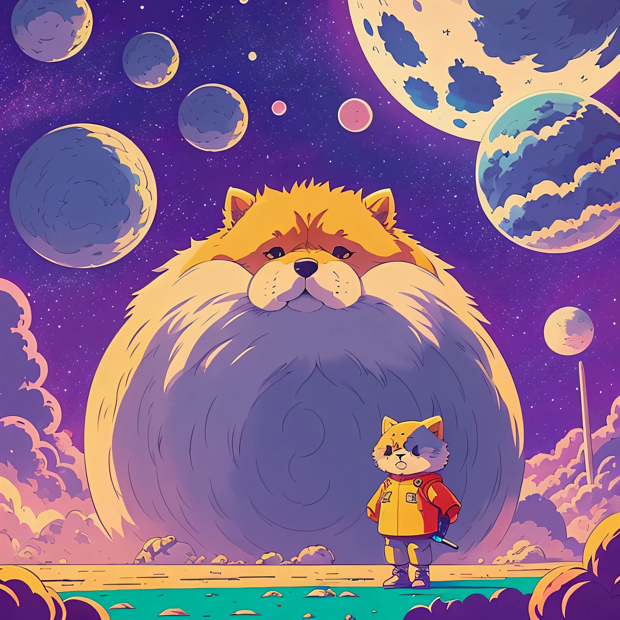 shiba inu, circo, fantasia, clown costume, outer space, galaxia, abstrato, renascentista, da vinte, gigante, marte, sol, estrelas --auto