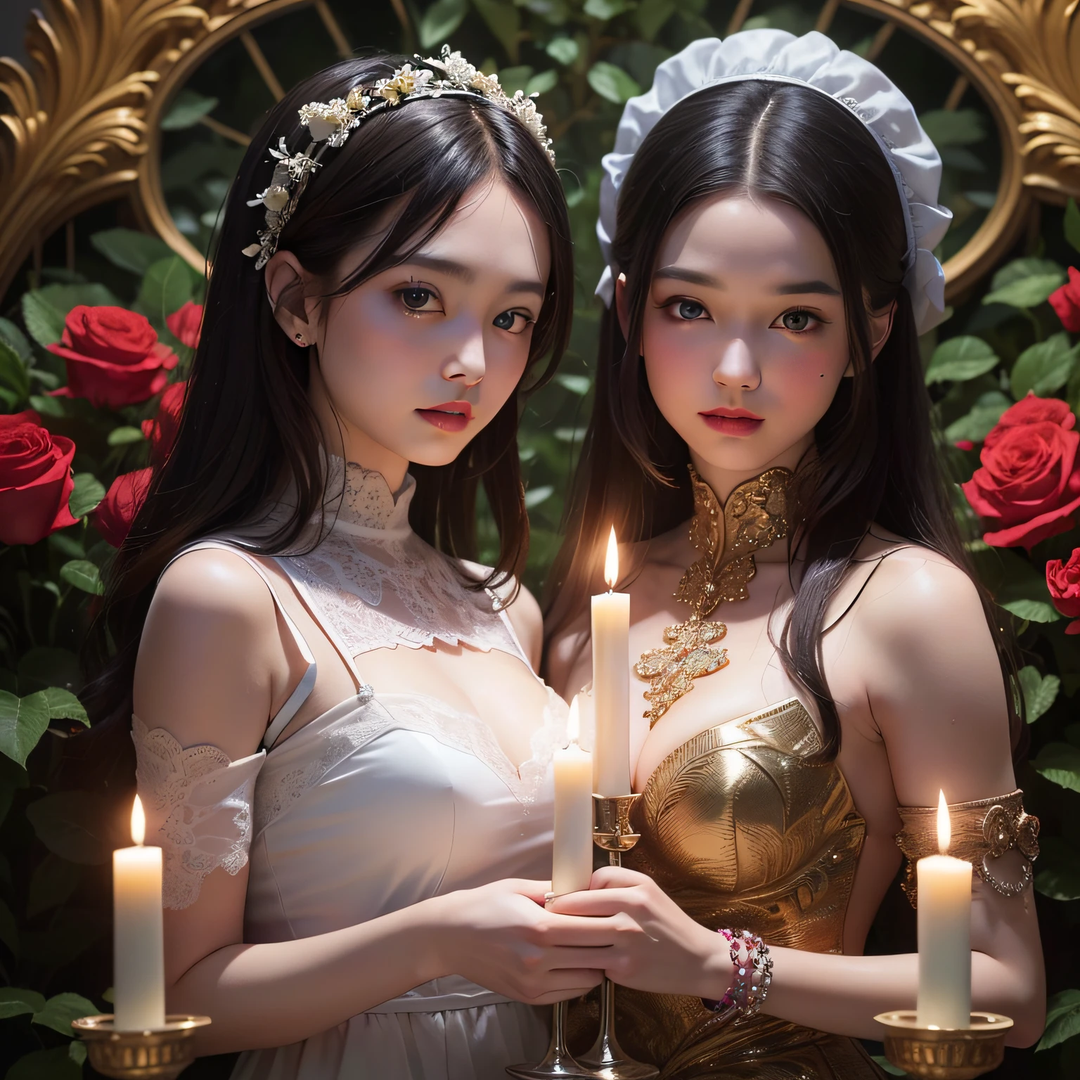 (A masterpice、HighestQuality、HighestQuality、Official art、Beautifully Aesthetic:1.2)、Countless candlelights,(1girls)&Rosa、Extreme details、(Fractal Art:1.3)、colorfully、the highest detail、Full shot of the enchanting Amish、