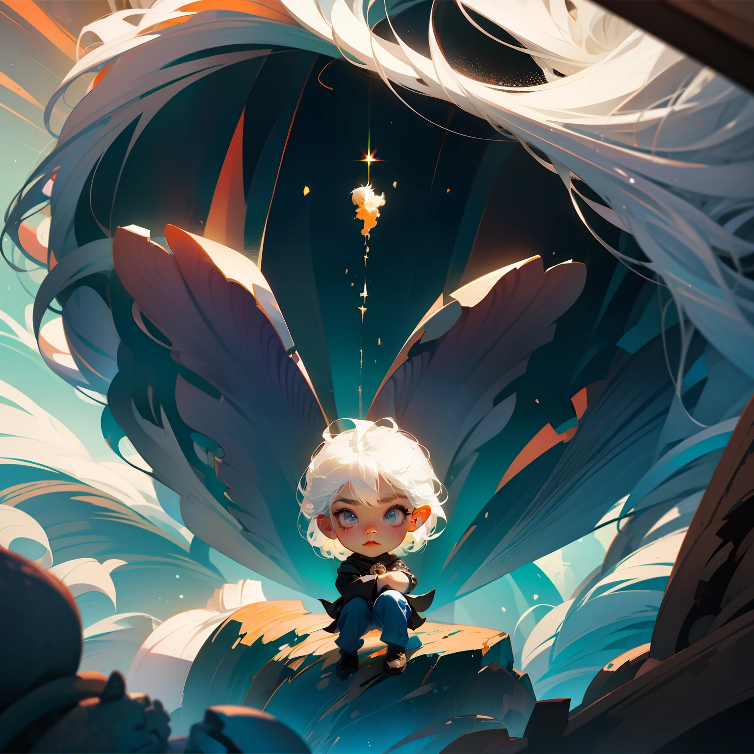 White hair, Boy, Big eyes and high nose, Exquisite features, Loneliness, Whole body, Refreshing, soft solid color background, cartoon style, chibi, CG rendering, IP, high detail, 3 D, C 4 D, depth of field, 8 K, high quality --s 300 --ar 3:4 --niji 5 --style expressive --auto