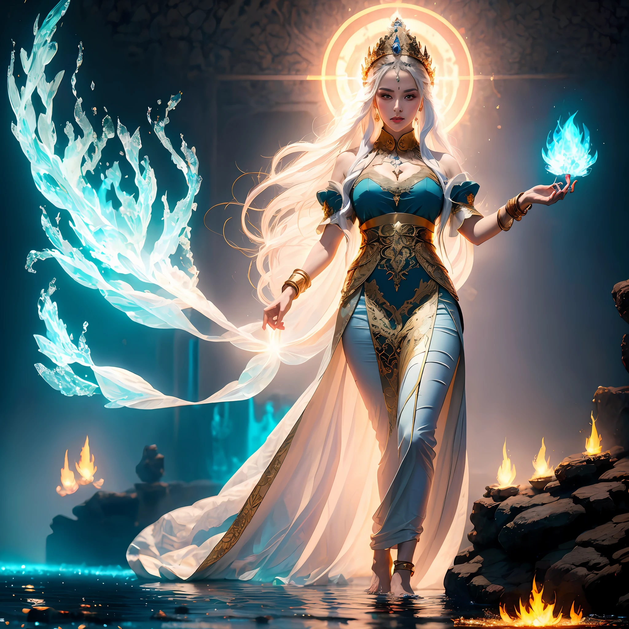 A woman in bizarre costume holding a fiery wand，Full close-up, Standing barefoot in a disc on the water，Fire in the hands，A circle of fire is raging around the body，Mysterious red flame，The background is the world of ice，It's all castles made of ice，A house built with ice，Endless icicles，Wacky ice building，Dark blue light，Spooky atmosphere，Towering spires，Mysterious atmosphere，Art germ on ArtStation Pixiv, Goddess of Light, IG model | Art germ, anime goddess, beautiful celestial mage, white haired deity, cushart krenz key art feminine, a beautiful fantasy empress, concept arts | Art germ, Artgerm style