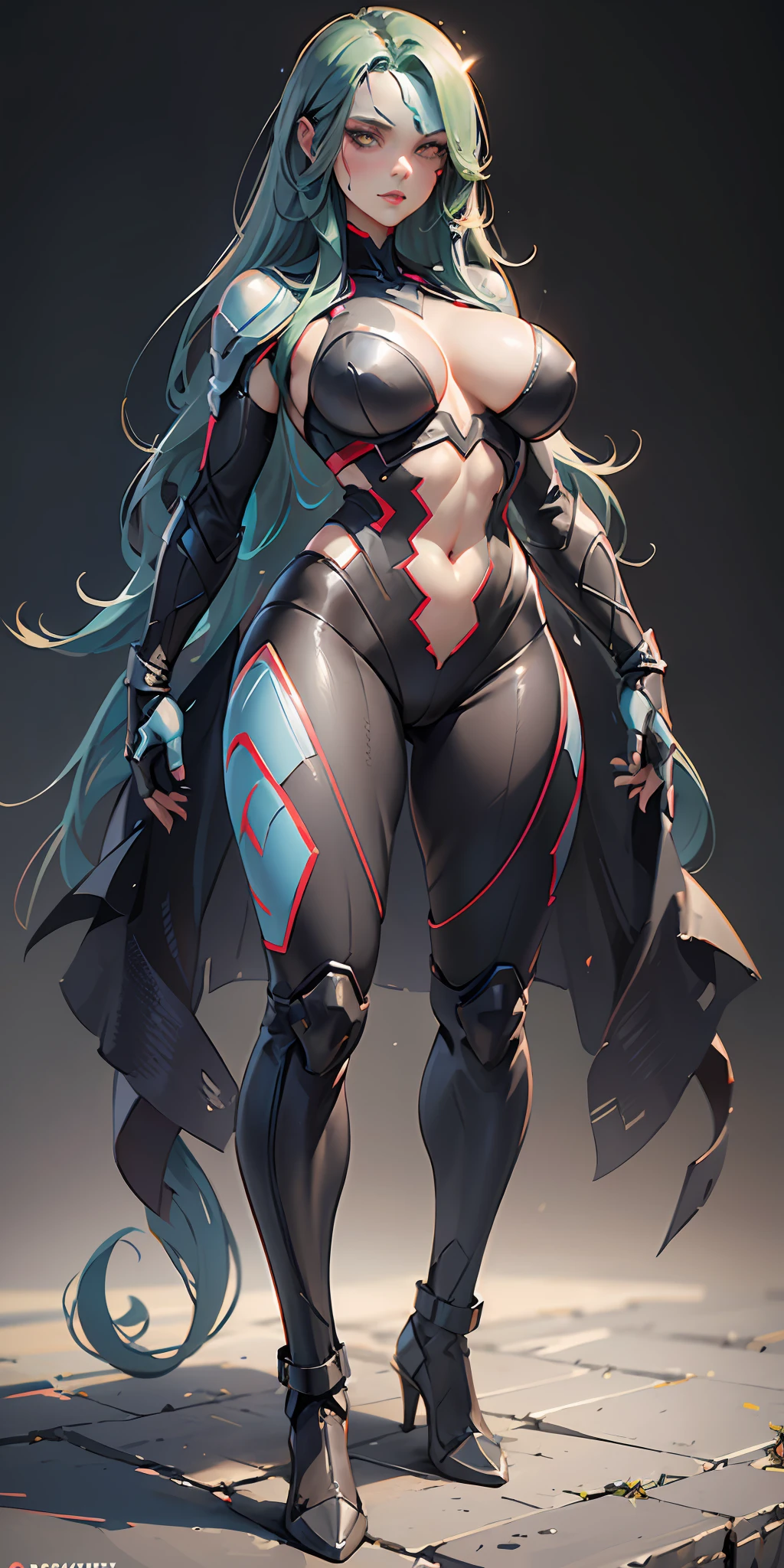 Gamora from Marvel, big breasts, frontal, full-length, looking at the camera, facing the audience, standing pose, simple background, three-dimensional light, detailed full-body concept, sleek digital concept art, beautiful full-body concept art, art trend, full-length CGsociety,full body
