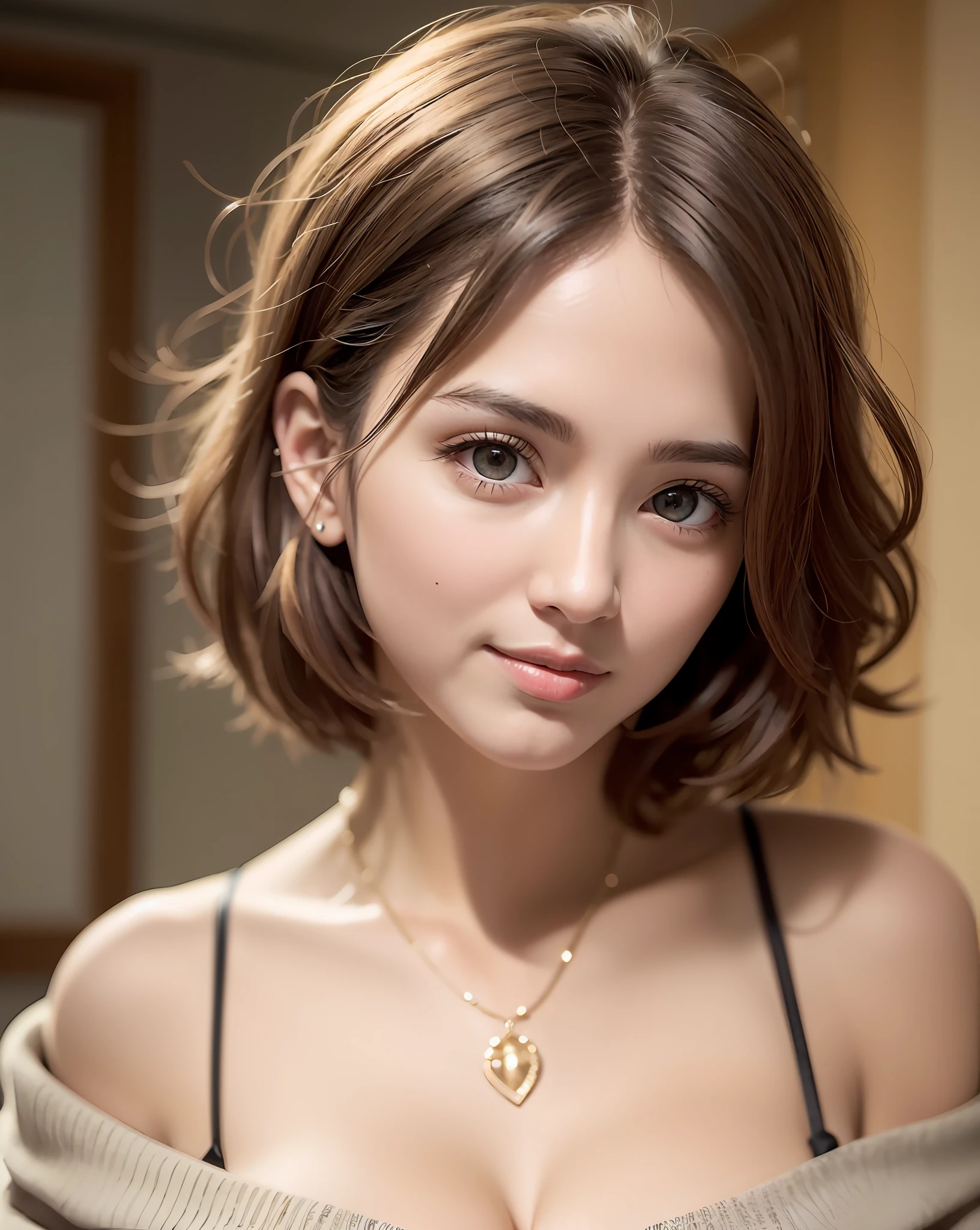 (masterece-piece:1.3)、(in 8K、photorealestic、Raw photography、best  quality: 1.4)、(1Women)、beautifull face、(lifelike face)、(Natural Color、Very Shorthair:1.3)、Beautiful hairstyle、realisticeyes、Beautiful detailed pupils、（lifelike skin）、Beautiful skins、Staring at viewer、（Oversized sweaters）、enticing、UltraHighResolution、ultra hyperrealistic、high-detail、the golden ratio、shoulder off、Haut du corps、Perfect style、Perfect balance、lovely woman、Cute smile