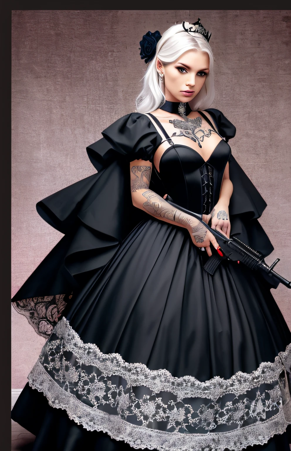 A woman holding a submachine gun, wearing a black sexy wedding dress, suspenders, body tattoos, silver hair, dark gothic queen, full body photo