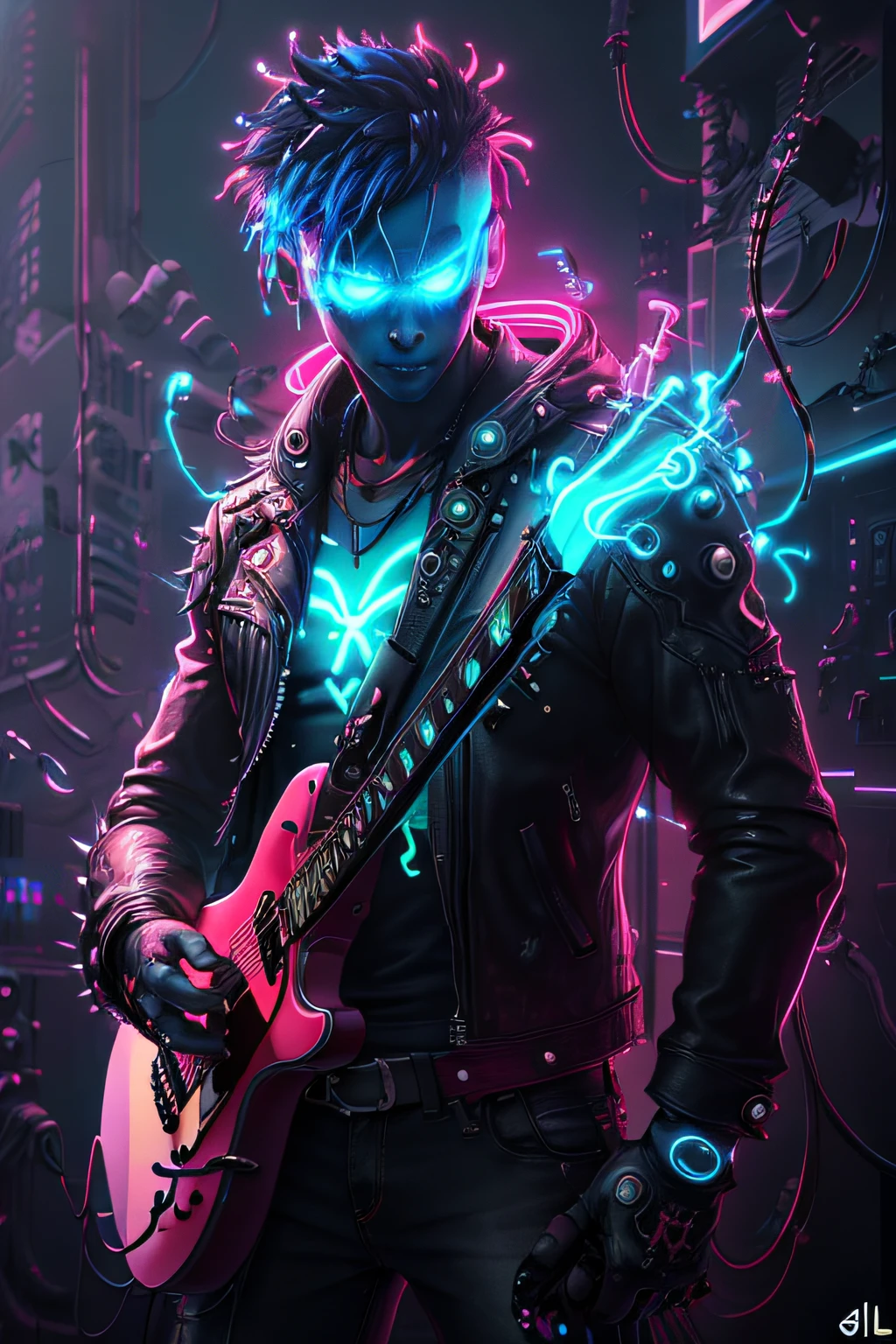 A ((neon)) blue alien punk with spiky hair and a leather jacket, holding a guitar in one hand and a ((glowing)) energy drink in the other, in the style of BlueAP, realistic,