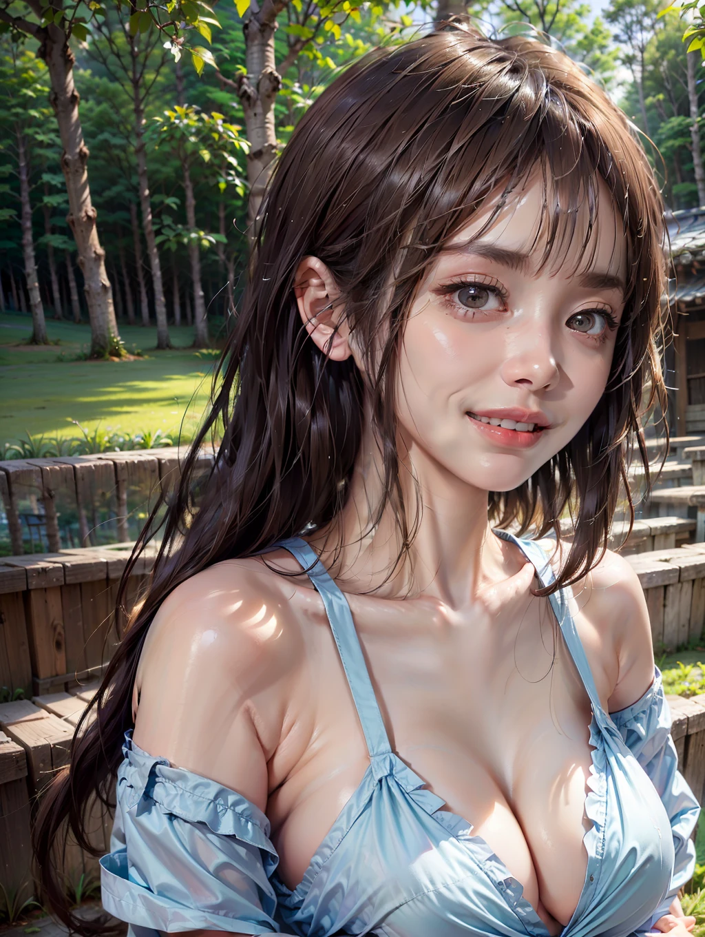 Prompt for expressing the person's expression in detail:
"A young girl stands in the midst of a forest, wearing a gentle smile filled with the beauty of nature. Her eyes sparkle with happiness and surprise, reflecting a sense of warmth and genuine joy. Her whole face radiates with a tender smile, filling people's hearts with a heartwarming emotion."
Prompt for expressing the person's hairstyle in detail:
"The young girl standing in the forest has lush and beautiful hair with delicate waves. Her hair gracefully sways in the wind, exhibiting a light and free movement that breathes life and energy into her presence. Some strands of her hair gently touch her face, accentuating her radiant hair color and highlighting her individuality."
Prompt for expressing the person's attire in detail:
"The young girl standing in the forest adorns an elegant and natural attire. She wears a dress with soft hues, and the fabric gracefully sways in the wind, mirroring her every move. Her clothing is simple yet refined, featuring subtle designs that express her excellent sense of aesthetics."
Prompt for expressing the weather conditions in detail:
"Surrounded by the forest, the young girl enjoys the serene embrace of gentle sunlight. Bright rays of light filter through the trees, enveloping her in a soft glow. A gentle breeze passes by, caressing her skin with a refreshing touch. Above, the blue sky is adorned with fluffy white clouds, symbolizing the harmony between clear air and the wonders of nature."
Prompt for expressing the state of the building in detail:
"Behind the young girl standing in the forest, there stands a small, weathered wooden house. Over time, the building has weathered, displaying the marks of age on its walls. Ivy entwines around the worn surfaces, while the roof is covered in moss. However, the house exudes a sense of history and warmth, evoking echoes of a bygone era in the heart of the forest."