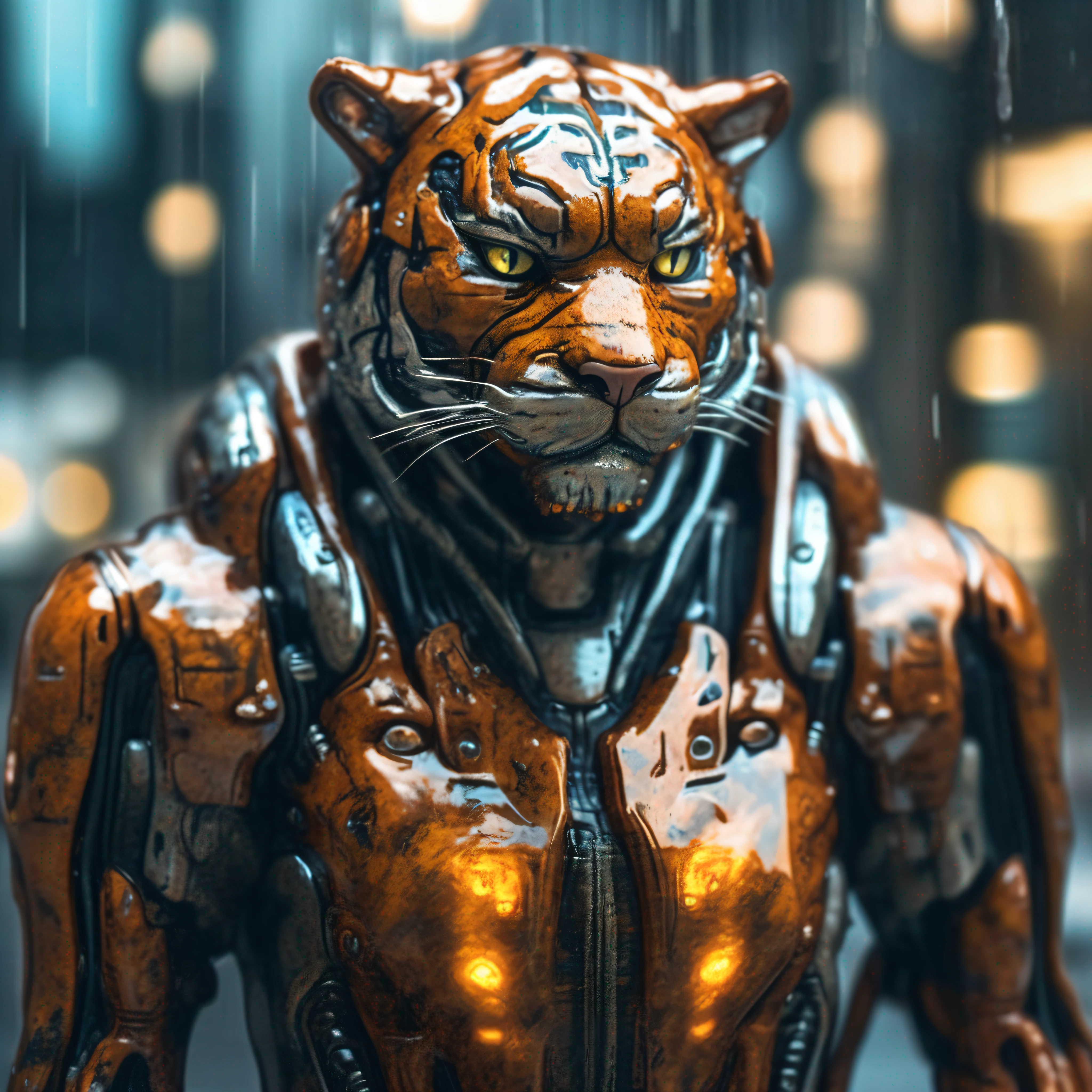 Portrait photo of transparent camouflage wearing mech suit，（（Light bokeh）），sophistication，（（semi transparent）Liquid water [Rust]），elegantly，Clear focus，Photo by Greg Rutkowski，subdued lighting，Bright color，nmasterpiece，（（Streets） )), Detailed tiger，Future Tiger Warrior