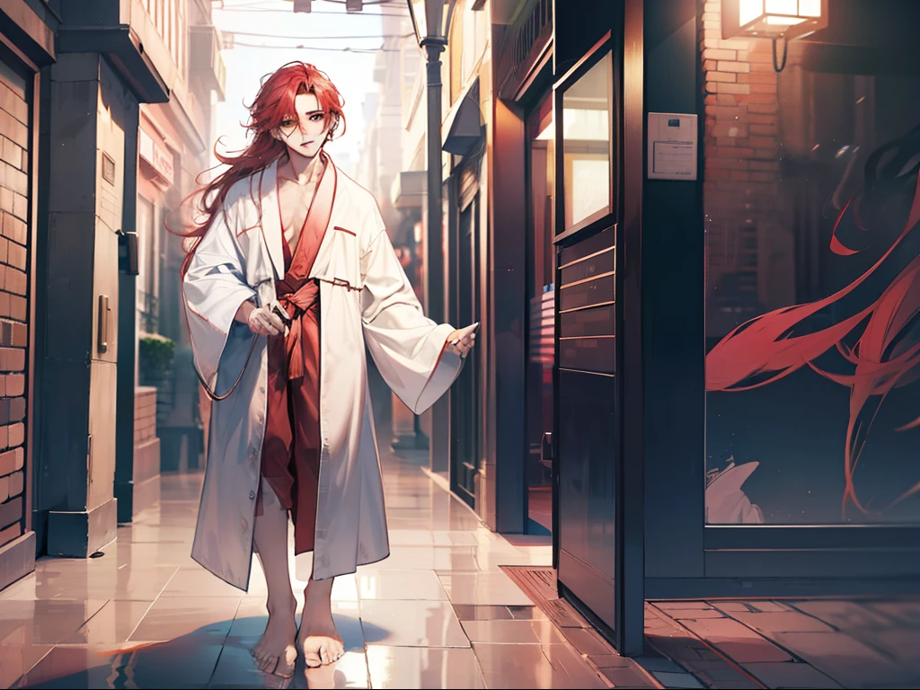 A guy,red tinted hair,long haired,Handsome-looking,Wear bathrobes,Stand here barefoot