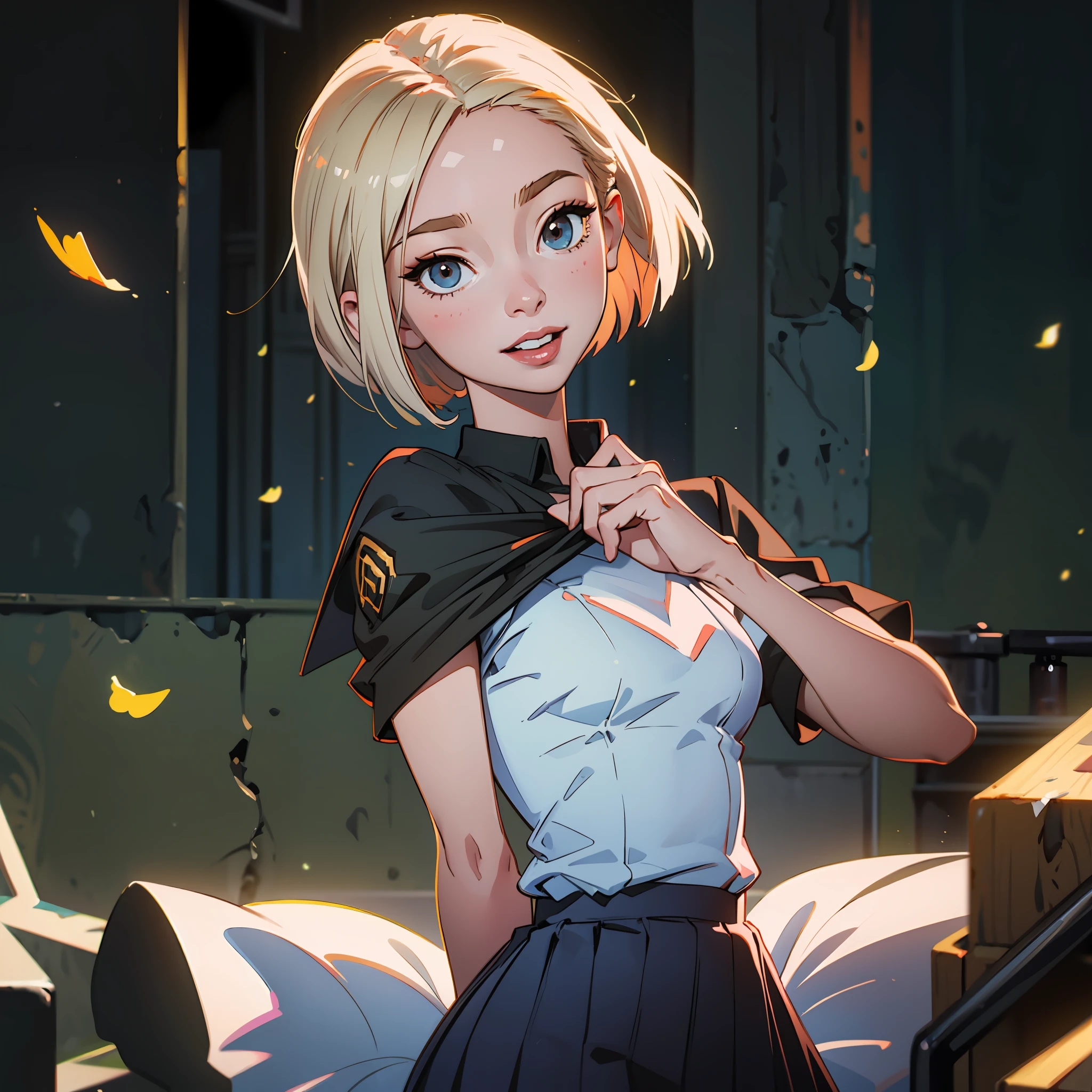 Masterpiece, top quality, official art, highly detailed CG Unity 8K wallpaper, like a girl, very delicate and beautiful, ultra high resolution, (photorealistic: 1.4), golden hour lighting, (upper body), (platinum shorthair: 0.8), (puffy eyes), looking at the viewer, facing the front, smiling, JK skirt, white dress, Shirt Lift Long Black Hair --auto