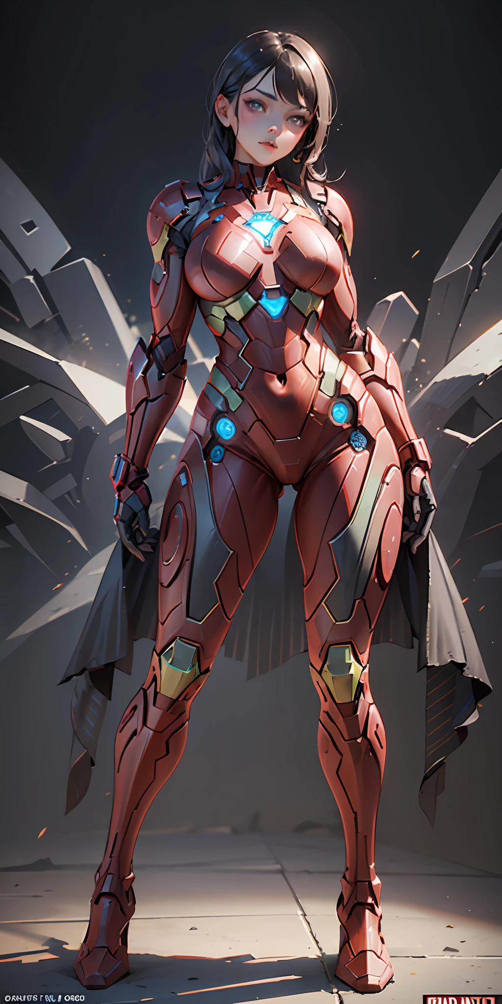 girl dressed as Knight Iron Man from Marvel, big breasts, frontal, full-length, looking at the camera, facing the audience, standing pose, simple background, three-dimensional light, detailed full-body concept, sleek digital concept art, beautiful full-body concept art, art trend, full-length CGsociety,full body