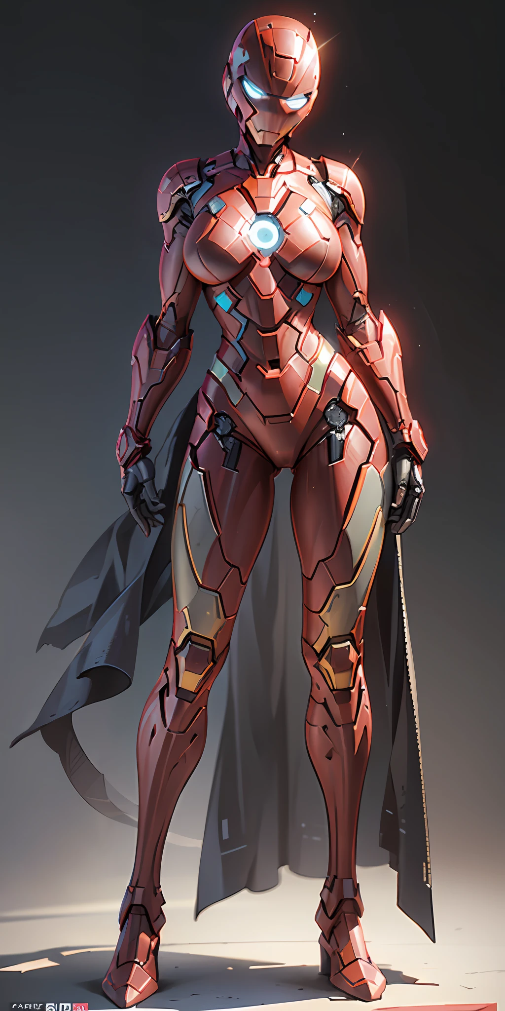 girl dressed as Knight Iron Man from Marvel, big breasts, frontal, full-length, looking at the camera, facing the audience, standing pose, simple background, three-dimensional light, detailed full-body concept, sleek digital concept art, beautiful full-body concept art, art trend, full-length CGsociety,full body