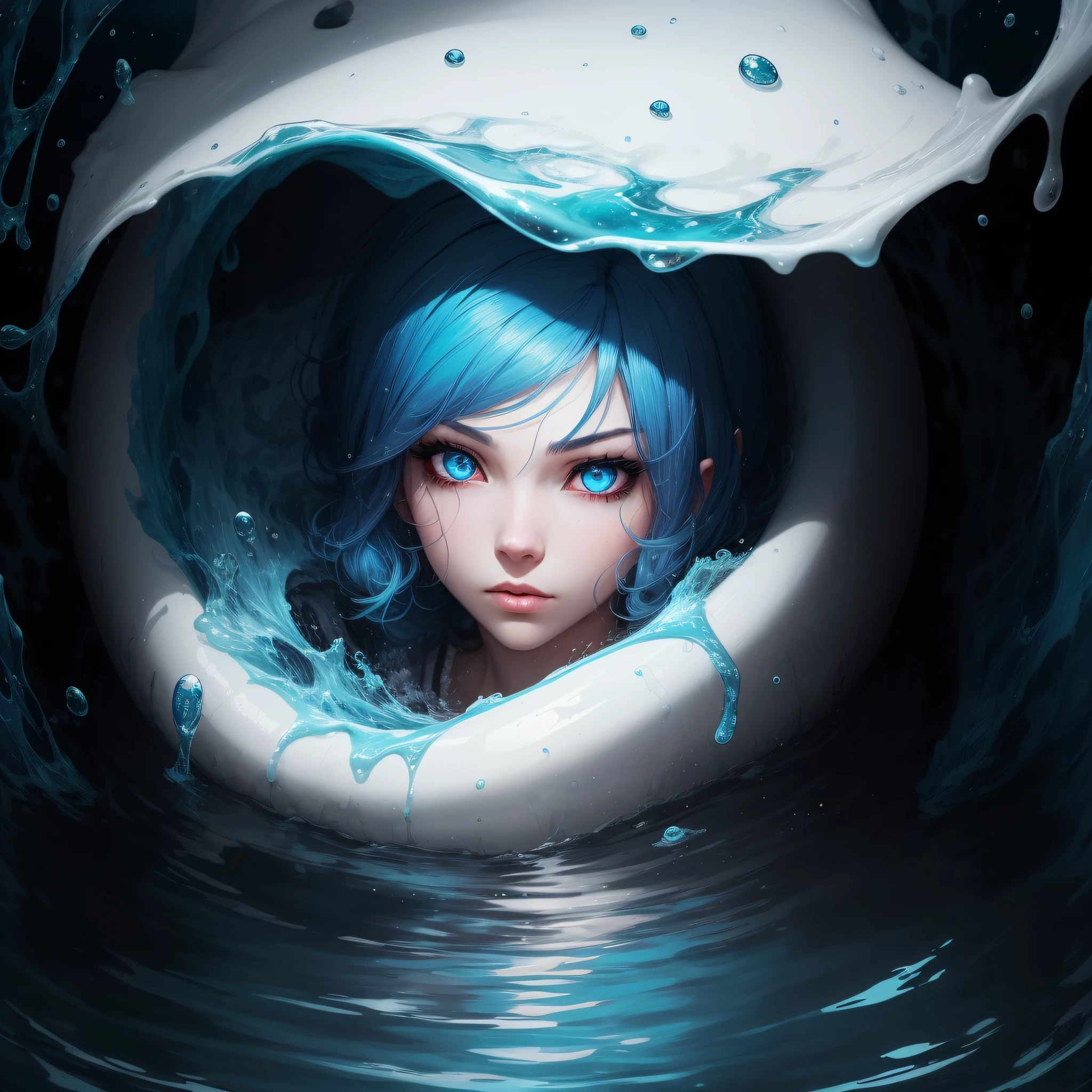there is a woman with blue hair and a white wig in a hole, Loish e Wlop, WLOP : :, por Shitao, character is covered in liquid, WLOP : : 5, Loish |, Arte WLOP, Arte do WLOP, WLOP |, water demon, por WLOP, Beeple e Jeremias Ketner