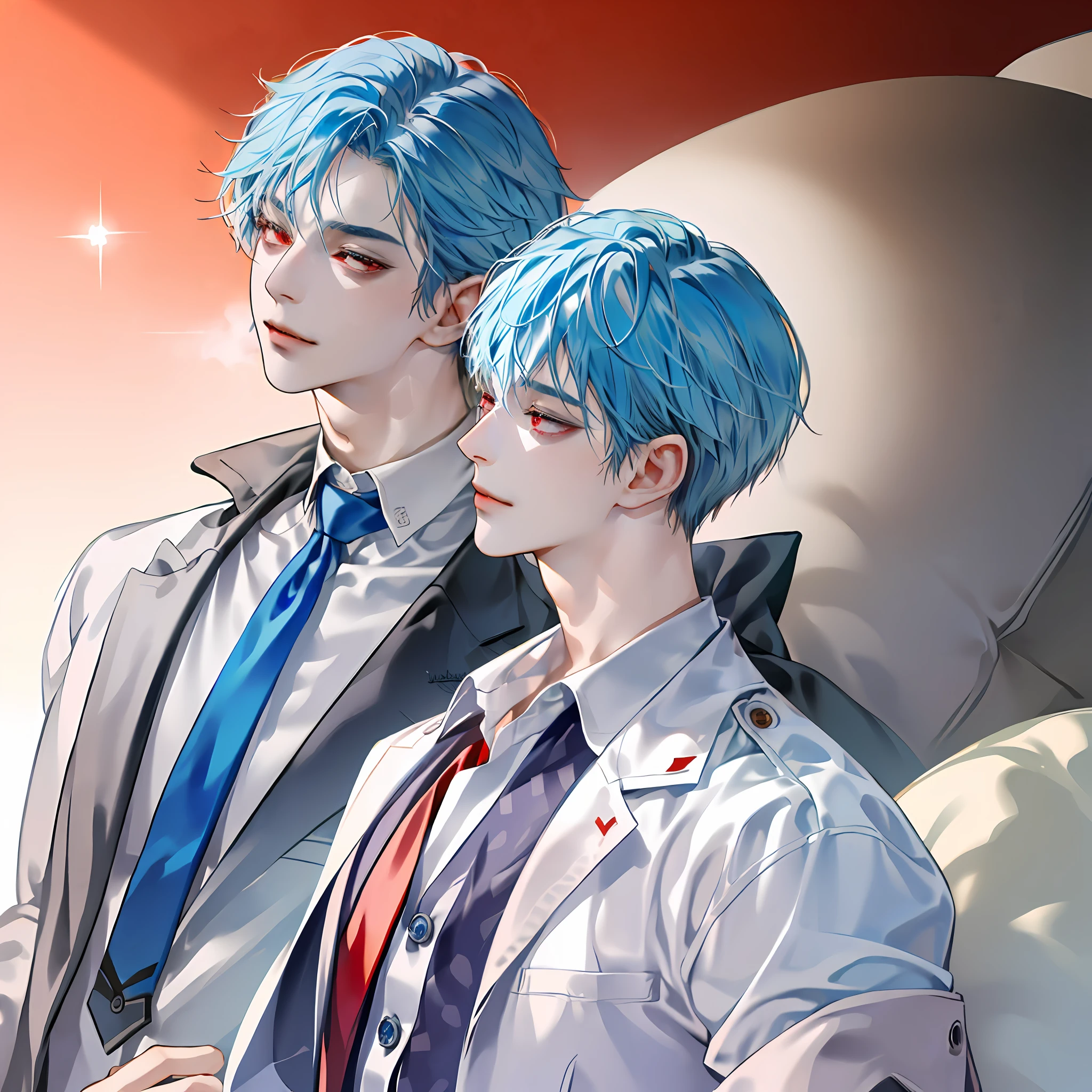 最佳质量,UltraHighResolution,2male,Light blue hair,Deep blue hair,Short hair,Smile with,Red eyes,White lab coat、Red Tie,Half-body,looking at the spectator,Experimentalist,Scientists,2 teenagers,Twins,lab,Laboratory,Anime style, (/laboratory background 1.5),The expression is serious,Close-up of face zoom in