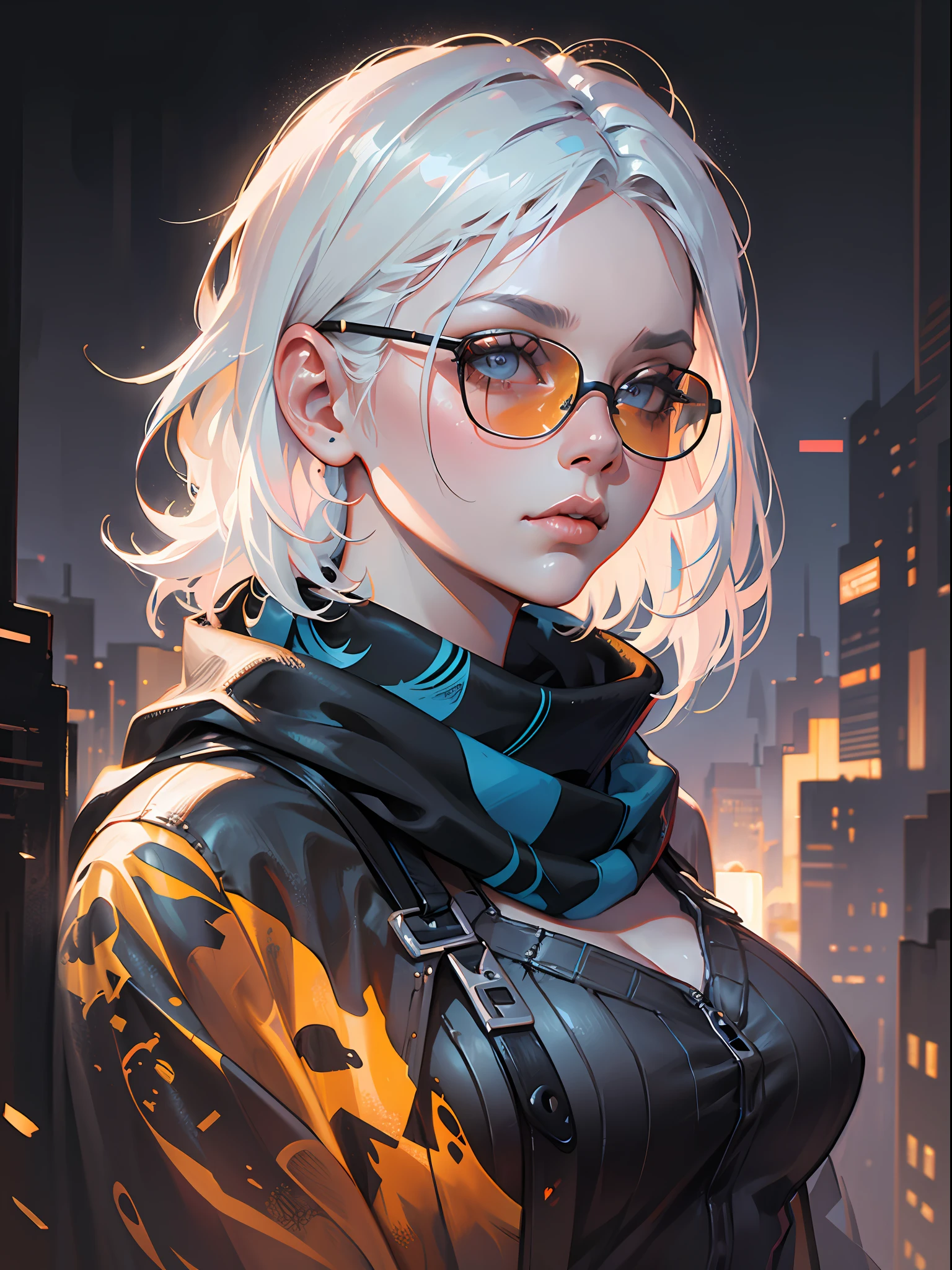 (dark shot:1.1), epic realistic, portrait of halo, sunglasses, blue eyes, tartan scarf, white hair by atey ghailan, by greg rutkowski, by greg tocchini, by james gilleard, by joe fenton, by kaethe butcher, gradient yellow, black, brown and magenta color scheme, grunge aesthetic!!! graffiti tag wall background, art by greg rutkowski and artgerm, soft cinematic light, adobe lightroom, photolab, hdr, intricate, highly detailed, (depth of field:1.4), faded, (neutral colors:1.2), (hdr:1.4), (muted colors:1.2), hyperdetailed, (artstation:1.4), cinematic, warm lights, dramatic light, (intricate details:1.1), complex background, (rutkowski:0.66), (teal and orange:0.4)