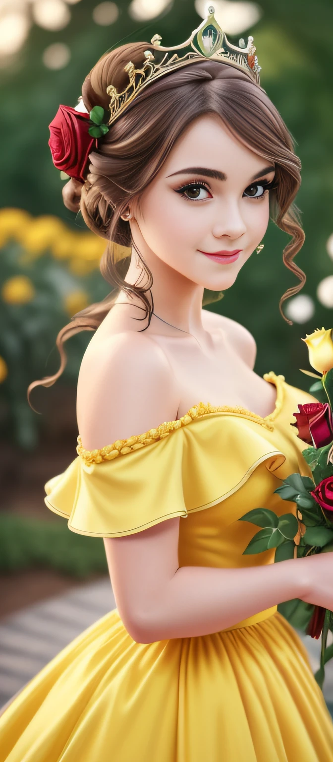 (Bell Wife: 1), surprised, cute, cute pose, look at the viewer, (yellow dress: 1.2), :D (hair bun, tiara), curvaceous, (holding red roses: 1), big eyes, big beautiful eyes
Emma Watson，photo of CarmD a beautiful princess wearing a yellow gown, （elegantly，Nice face），Curls，（Cheeky smile：0.8），Pale skin，（Intricate details，finely detailled，ultra detaile），(BelleWaifu:1), surprised, kawaii, Cute pose, look at viewer, Thick thighs, (long dress in yellow:1.4), (hair in top bun, headware) :D, curvy build, (holding a red rose:1), (Realistic:1.2), (Realism), (巨作:1.2), (Best quality), (ultra-detailed detailed), (8K, 4K, complex),(full body shots:1),(cow-boy shot:1.2), (85mm),Light particles, Lighting, (Highly detailed:1.2),(Detailed face:1.2), (gradients), sf, Colorful,(Detailed eyes:1.2), (detailed ladscape, garden, botanic, Castle:1.2),(细致背景),detailed landscape, (Dynamic angle:1.2), (Dynamic pose:1.2), (rule of third_composition:1.3), (Line of action:1.2), wideshot, day light, 独奏,
(Real: 1.2), (Realism), (Masterpiece:1.2), (Best Quality), (Ultra Detail), (8K, 4K, Complex),(Cowboy Shot:1.2), (85mm),Light Particles, Lighting, (High Detail:1.2),(Detail Face:1.2), (Gradient), NSFW, Colorful,(Detail Eyes:1.2),Tiara, holding roses, smiling, Stained glass, castle,