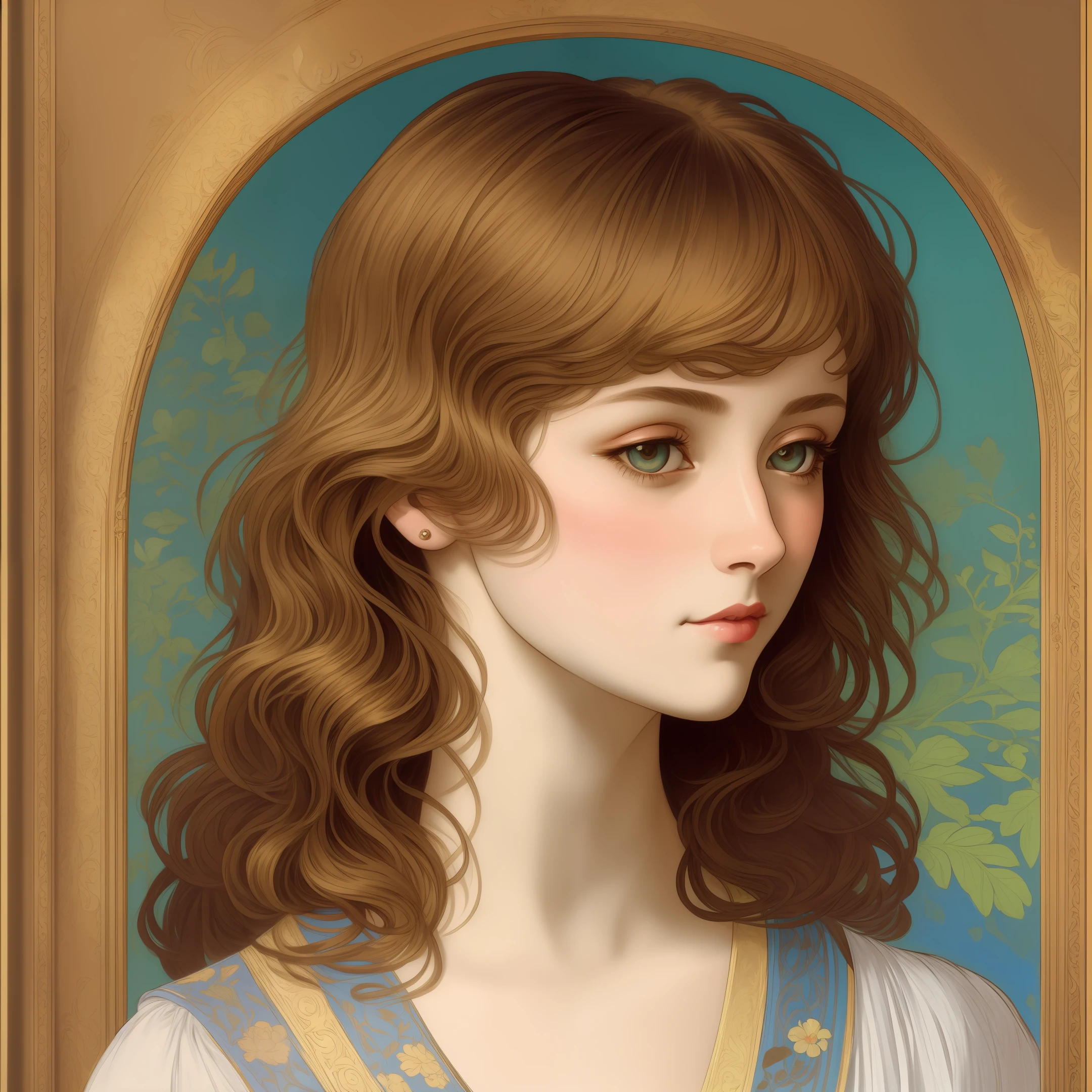 face portrait of a European female , long curly hair, blond, floral frame, Decorative panels, abstract
artistic, by Alphonse Mucha
(Masterpiece, Best Quality, Highres:1.4), Detailed, Intricate Details, 4K, color splashes, line art, fibonacci,