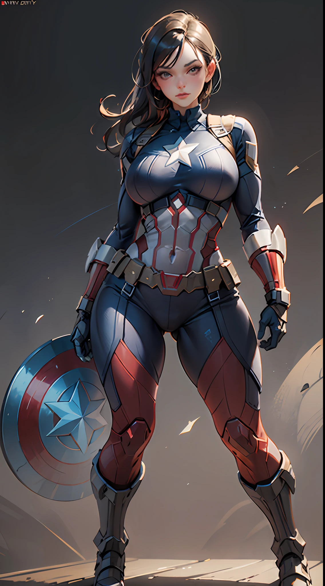 Woman dressed as Captain America from Marvel, big breasts, frontal, full-length, looking at the camera, facing the audience, standing pose, simple background, three-dimensional light, detailed full-body concept, sleek digital concept art, beautiful full-body concept art, art trend, full-length CGsociety,full body