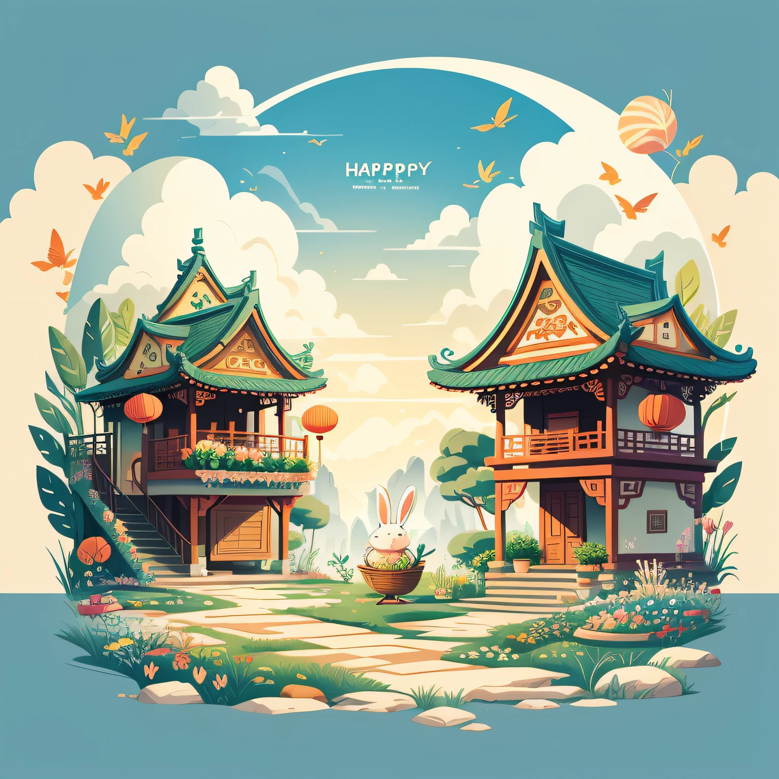 There is a picture of a Happy Easter greeting card with a rabbit and a basket of flowers, Flower Garden, Garden background, garden, Happy, flowers garden, Middle Metaverse, Machine garden, Wang Chen, komono, 中 国 鬼 节, Happy!!!, royal garden background，Cartoon rabbit in a hat, bubbly scenery, cover of a magazine, large view, [ [ soft ] ], soft coloring, [ conceptual art ]!!, Cartoon Cute, Cute rabbit, Inspired by Xiao Yuncong, edgBunny，Chinese wind，Pictures，grass field，A blue sky，baiyun，Wishing you prosperity --auto