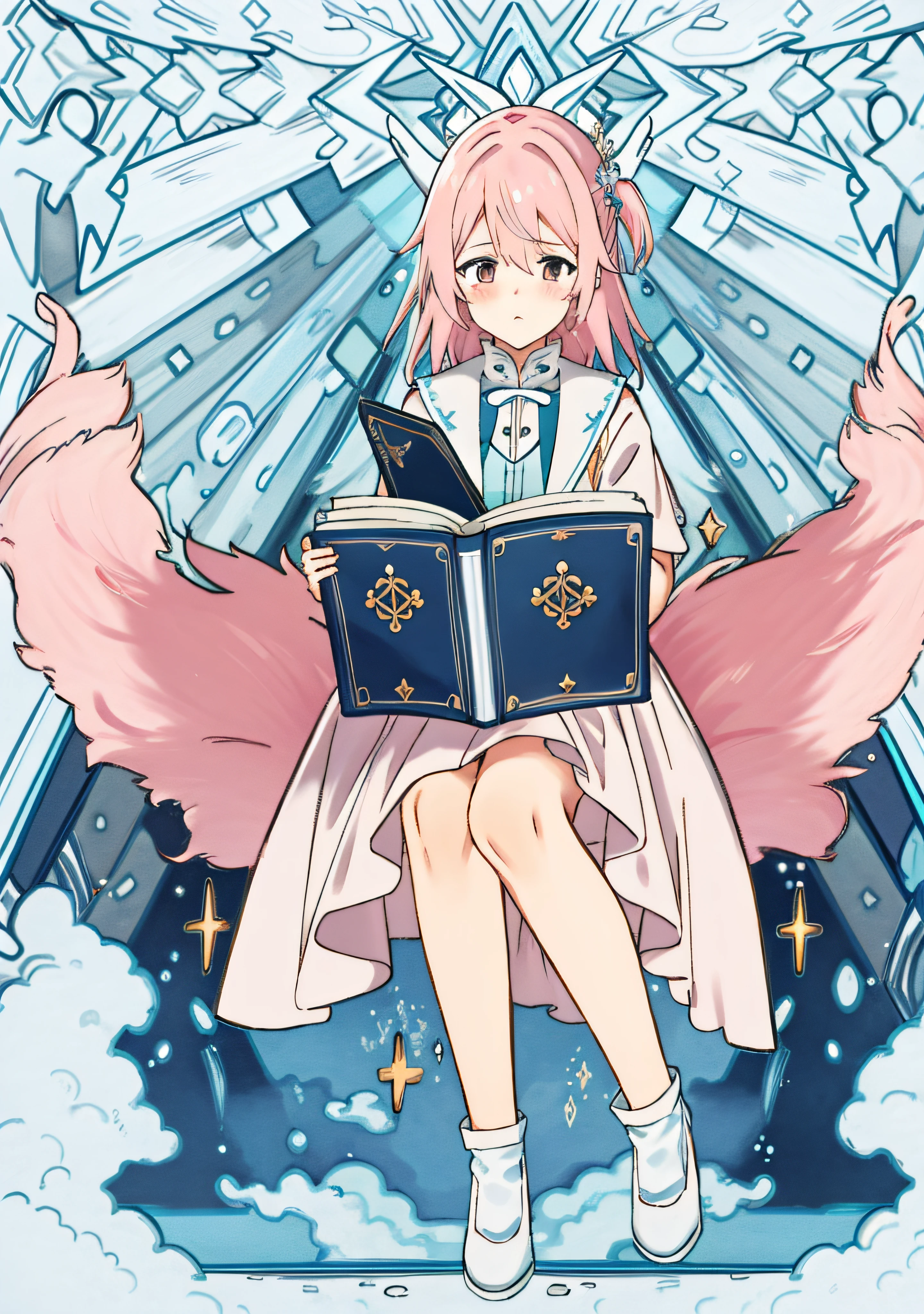 There was a girl sitting on a huge book reading，Read under the stars，guviz style artwork，Inspired by Ma Yuanyu，Middle Metaverse，From the East，library background，Pink hair，Holding a magic book in his hand，