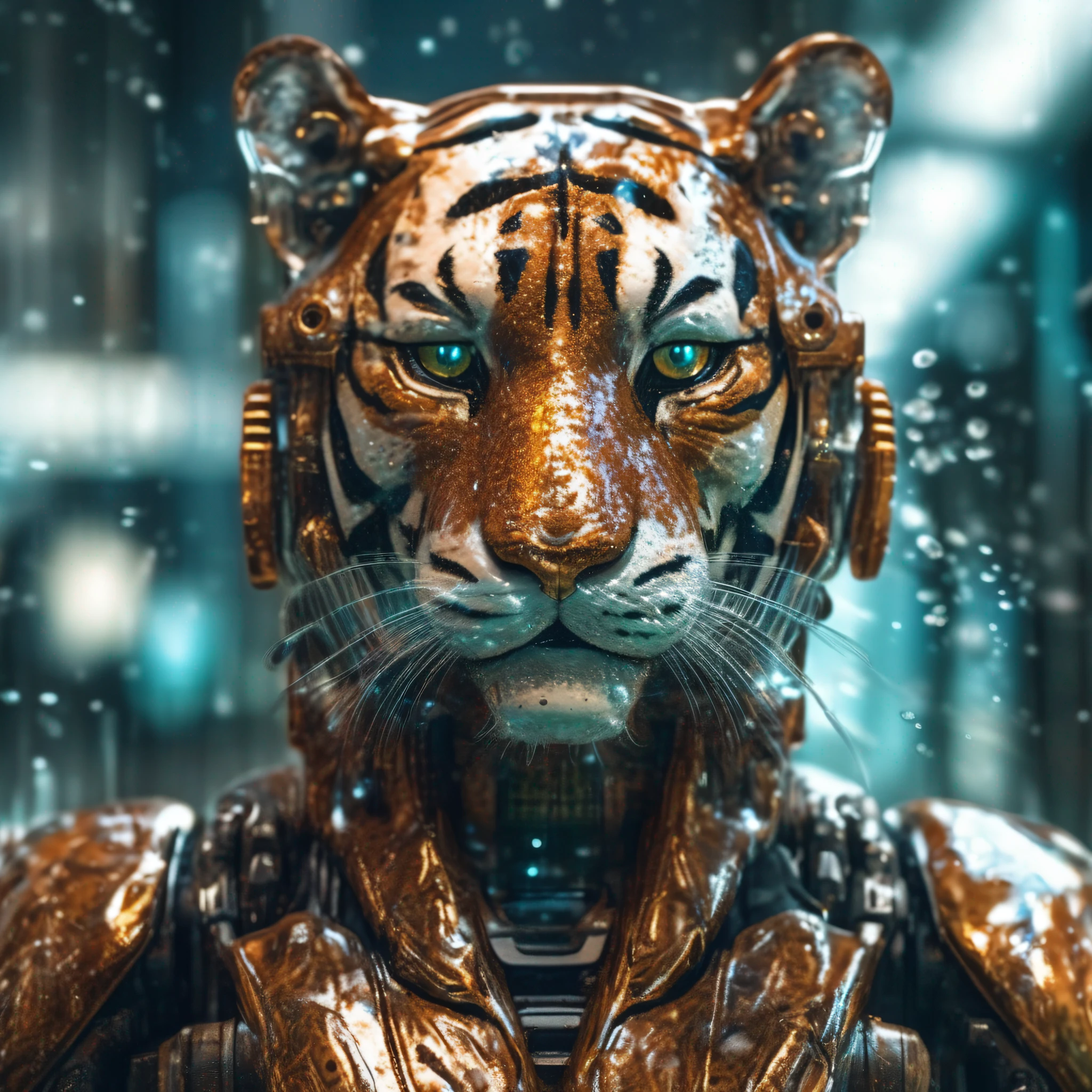 Portrait photo of transparent camouflage wearing mech suit，（（Light bokeh）），sophistication，（（semi transparent）Liquid water [Rust]），elegantly，Clear focus，Photo by Greg Rutkowski，subdued lighting，Bright color，nmasterpiece，（（Streets） )), Detailed tiger，Future Tiger Warrior