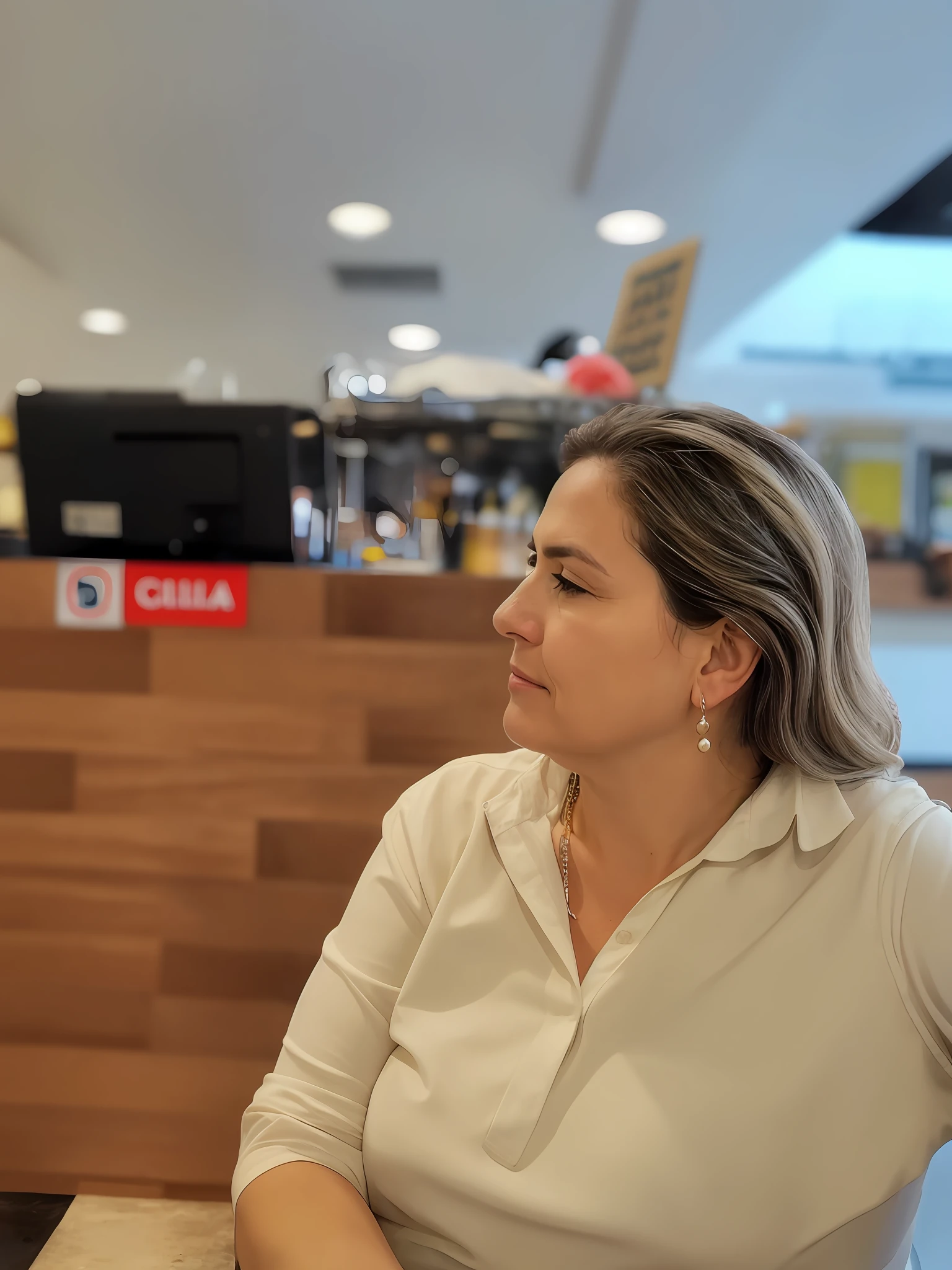 woman sitting at a table with a glass of wine in her hand, Directed by: Nandor Soldier, retrato de uma mulher de 40 anos, In Sao Paulo, Caroline Gariba, looking to the side off camera, woman's face looking off camera, Tiro em Leica SL2, Tomado com Sony Alpha 9, fernanda suarez