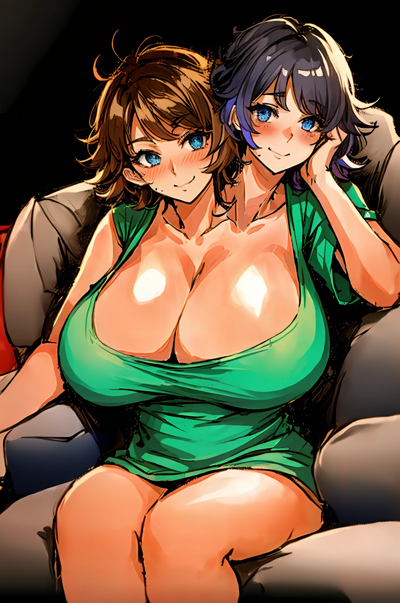 2heads, a short chubby woman with two heads. She has giant breasts. She is relaxed. She is sitting on a couch. She is blushing. She has messy hair. Her breasts are massive. She is wearing a colorful shirt. Her boobs are gigantic. She has 2 heads. She looks playful.