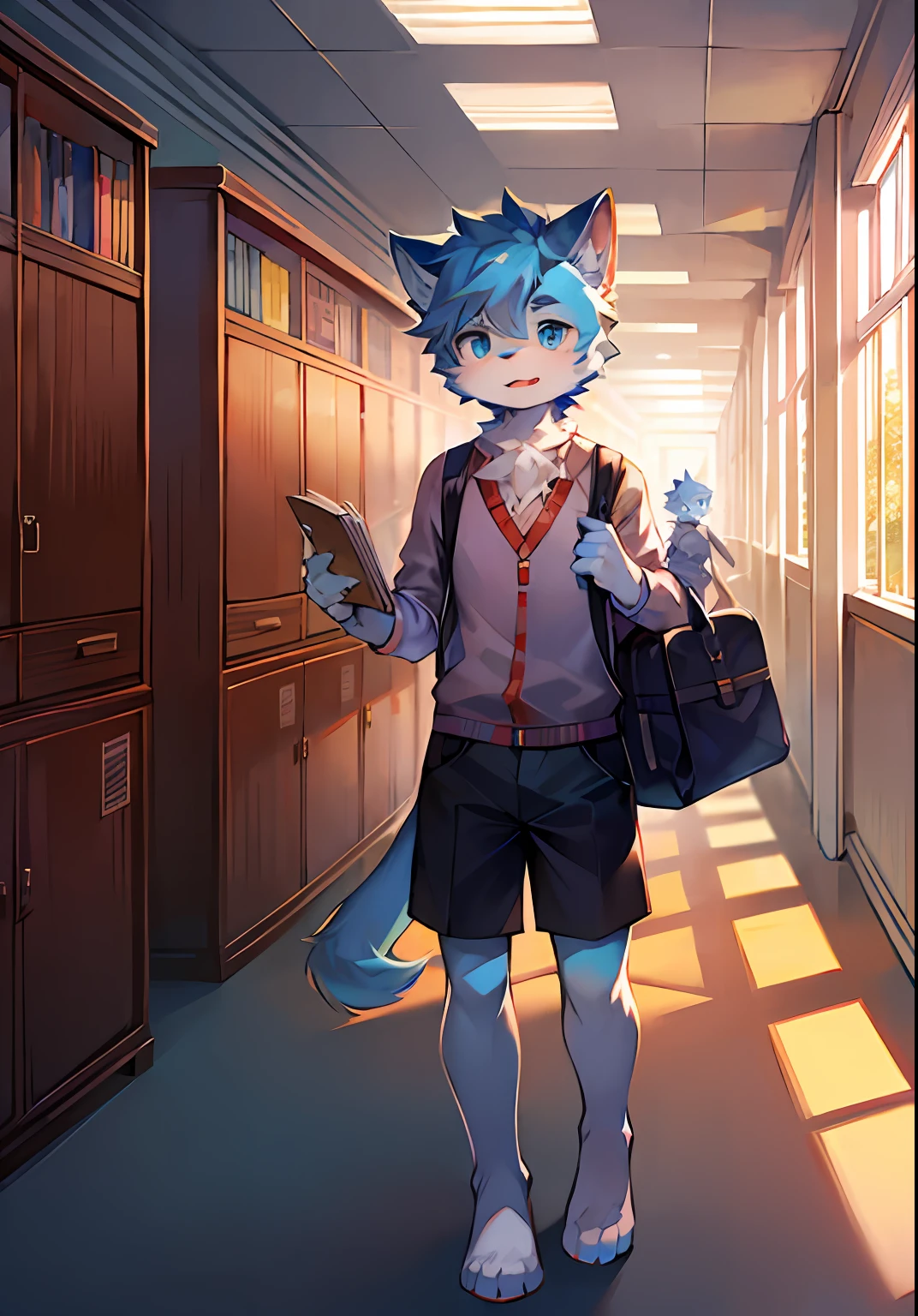 furry,shaggy,Male cat,Male focus,Cute Shota,Bright blue eyes,Full Body Furry,Blue-white fur,shylily,(School grounds,corridor,school room,bookbag)