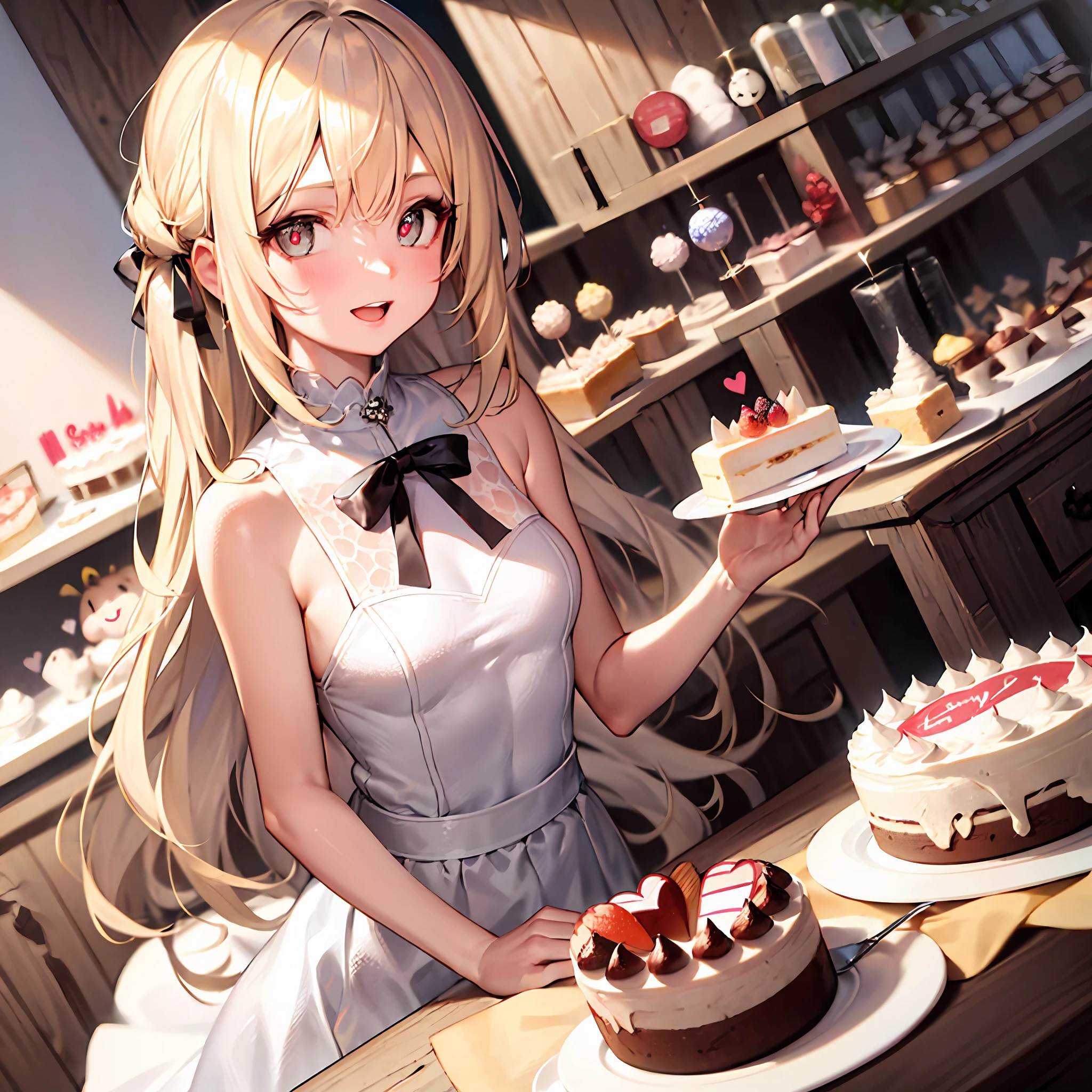 (Illustration,Masterpiece,Best Quality,High resolution),1 girl,(Lori:1.2),Small breasts,Long hair,Blonde hair,White dress,Bare shoulders,Town,cake shop,Heart-shaped pupil,happy,Heart-shaped pupil,Have a cake