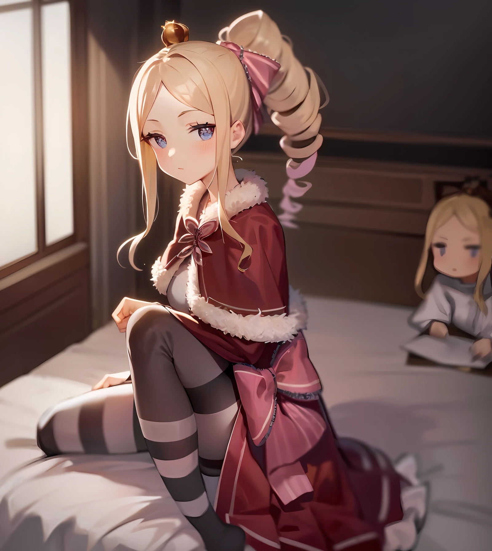 masterpiece, best quality, best illumination, 3girl, princess, princess!!(looking at viewer:1.22), black hair, blond hair, pink dress, grey_skirt:1.2, red dress, best shadow, an extremely delicate and beautiful, dynamic angle, finely detail, depth of field, bloom, highres, perfect lighting, colorful, light smile, huge breasts,, long hair, ponytail, thighhighs,, [thigh gap], slender,  ulzzang-6500-v1.1:0.2, karinak-4501-6300-15200:0.3, hotel bedroom, love you, i love you,