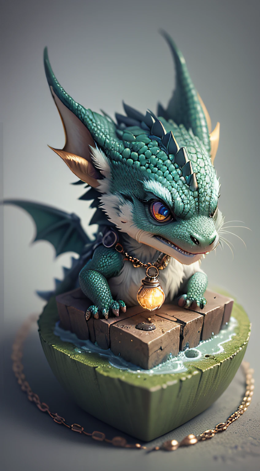 Gorgeous tiny hyperrealistic dragon with realistic eyes and bright different colors taking care of a necklace, Chibi, adorable and cute, logo design, cartoon, cinematic lighting effect, charming, 3D vector art, cute and quirky, fantasy art, bokeh, hand drawn, digital painting, soft lighting, isometric style, 4K resolution, photorealistic rendering, highly detailed cleaning, vector image,  photorealistic masterpiece, professional photography, simple space scenery, isometric, vibrant vector