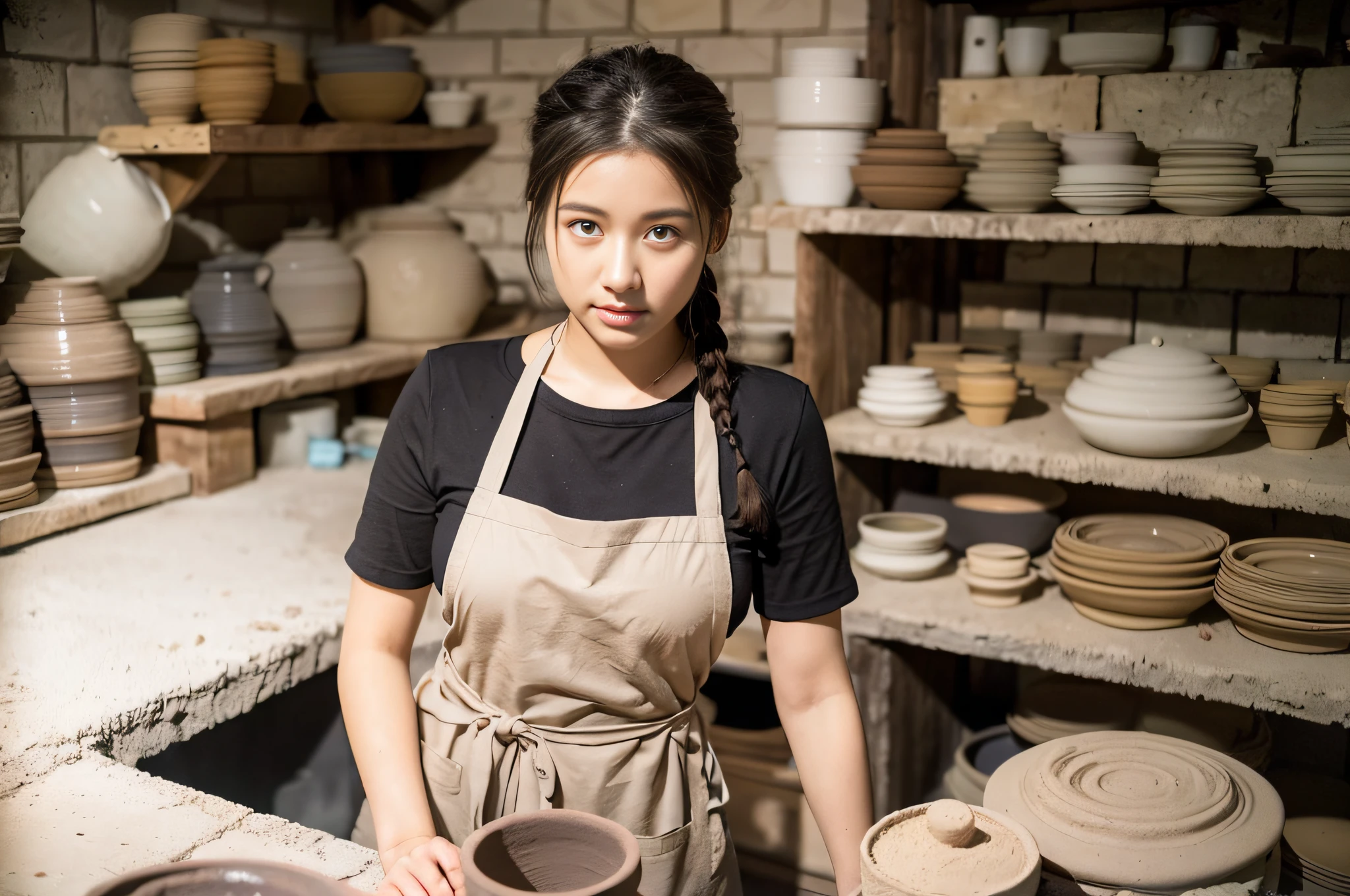 Potter, (pretty young woman:1.1) with braided dark hair, warm brown eyes, sun-kissed skin, wearing a simple (work dress:1.2), often with an apron, (clay:1.1). She molds her creations in a pottery hut, surrounded by raw clay, a potter's wheel, sculpting tools, and an open fire kiln, with various stages of pottery lined up.
