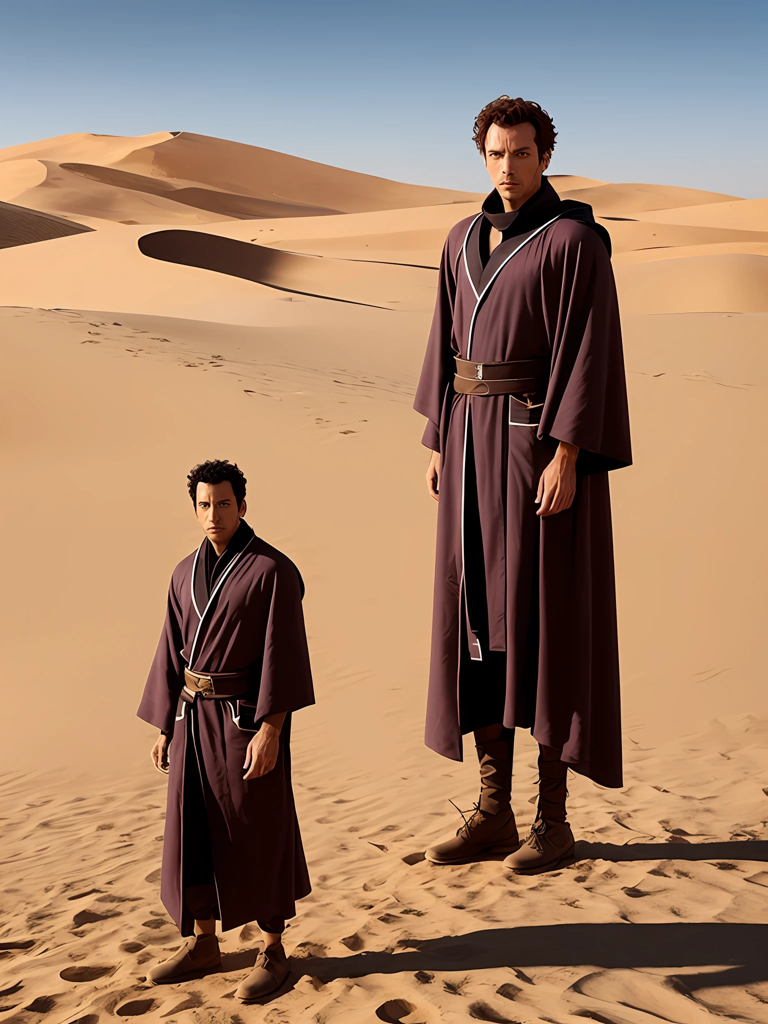 arafed man in a robe standing in the desert, Tough cheeks,Shining eyes,Full body frontal photo, desert robe, stargate standing in desert, dune style, in the 2 0 2 1 movie dune