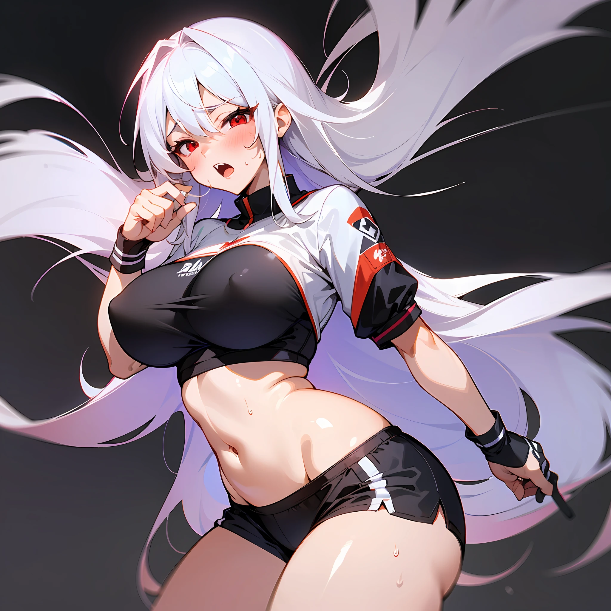 (Pure and minimalist black background),(The girl has red eyes and white hair, Large big tits, 乳頭, sport underwear, sweat shorts, A distant vista),(Tsundere sexy and energetic style)