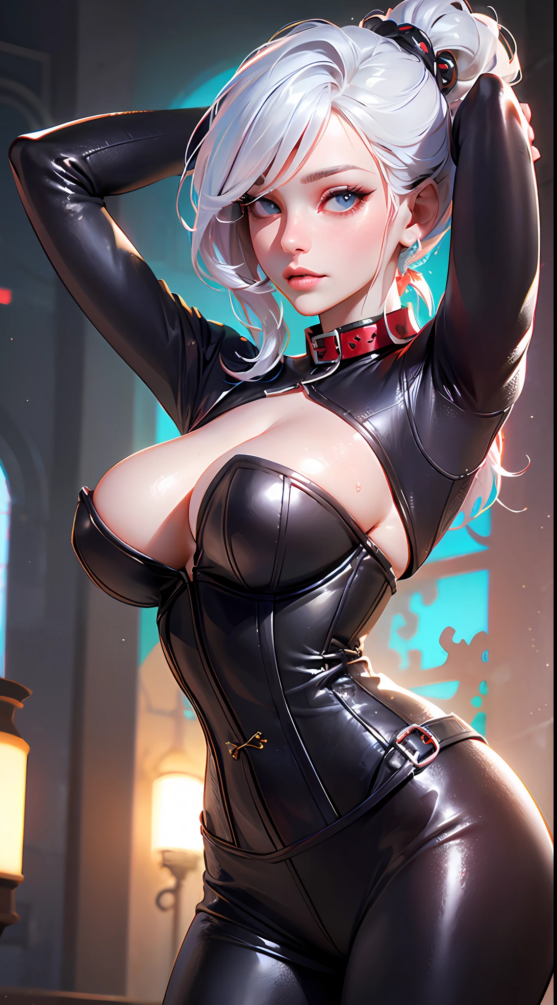 Rubber, Corset, Red Collar, ((Top Quality, Masterpiece: 1.3)), Beautiful Woman with Perfect Figure: 1.1, Glamorous Figure, Overflowing Breasts, Tightly Squeezed Waist, (Seductive Buttocks), Wet Body: 1.5, Very Detailed Face and Skin Texture, Detailed Eyes, (photorealistic:1.4), bokeh, from below,epic realistic,
