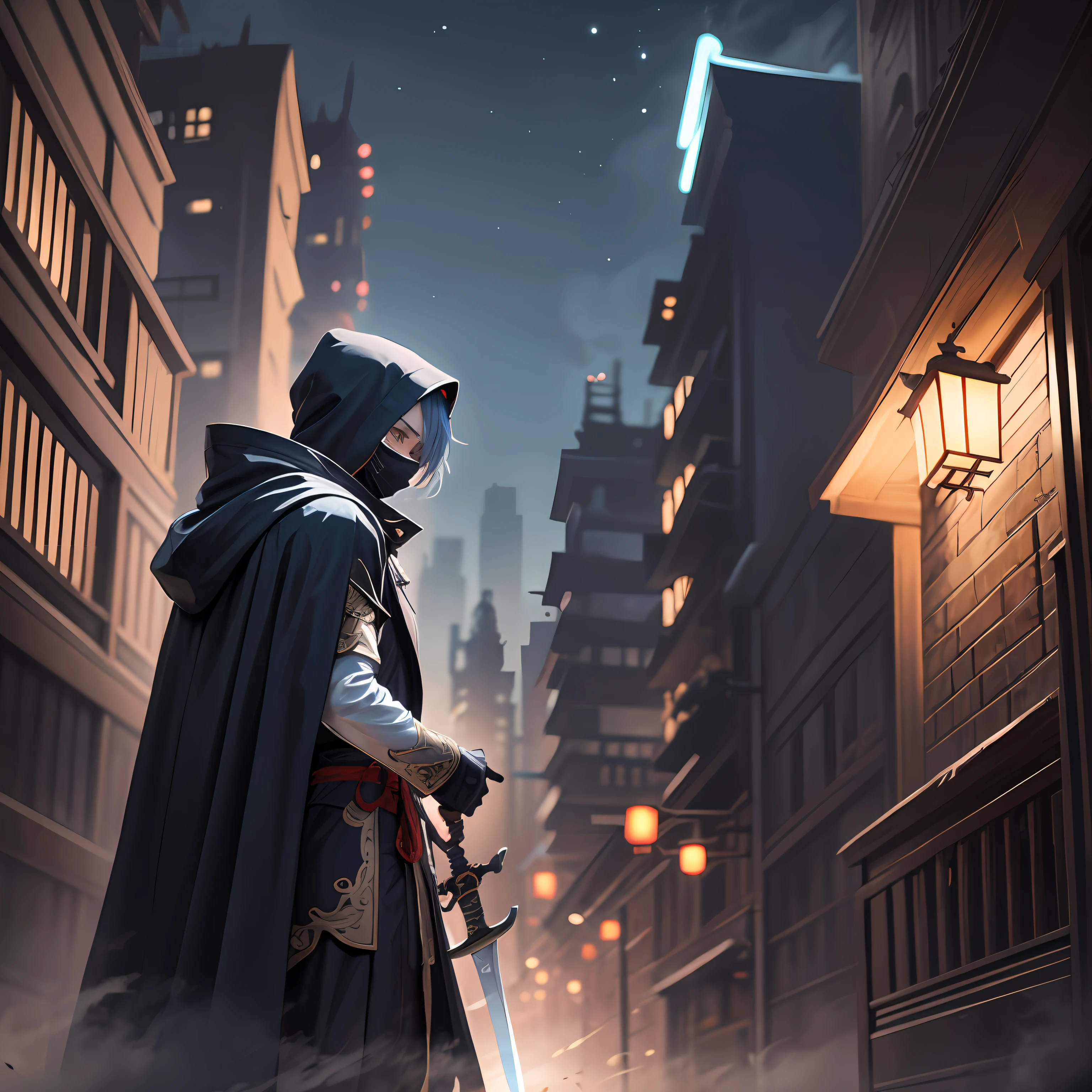 Ancient Chinese architecture,Streets,Night,Two people were fighting in the distance,An anime boy,With a cloak,Wearing a black coat,With a black mask,With a long sword in his hand,Ancient Chinese architecture