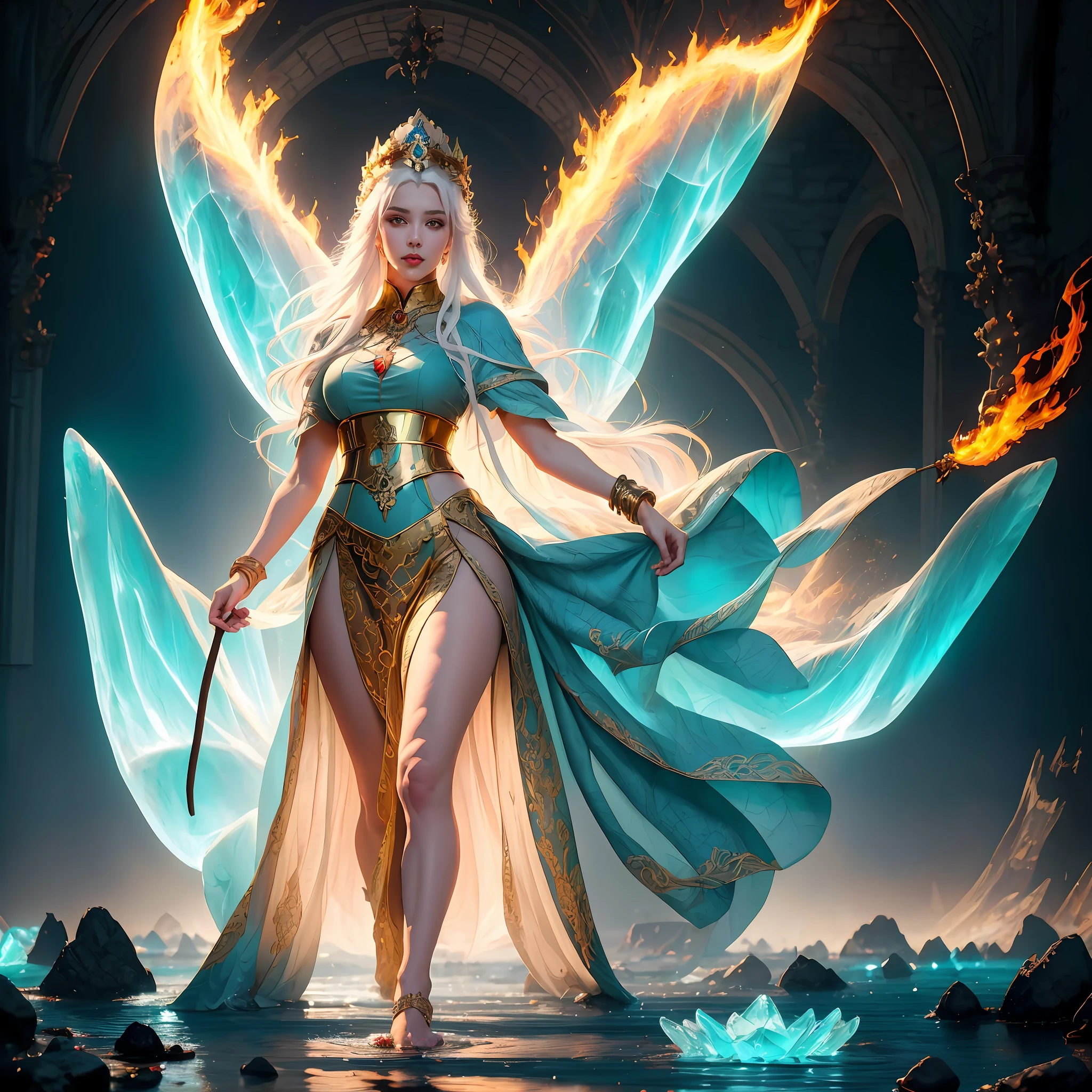 A woman in bizarre costume holding a fiery wand,Full close-up, Standing barefoot in a disc on the water,Fire in the hands,A circle of fire is raging around the body,Mysterious red flame,The background is the world of ice,It's all castles made of ice,A house built with ice,Endless icicles,Wacky ice building,Dark blue light,Spooky atmosphere,Towering spires,Mysterious atmosphere,Art germ on ArtStation Pixiv, Goddess of Light, IG model | Art germ, anime goddess, beautiful celestial mage, white haired deity, cushart krenz key art feminine, a beautiful fantasy empress, concept arts | Art germ, Artgerm style