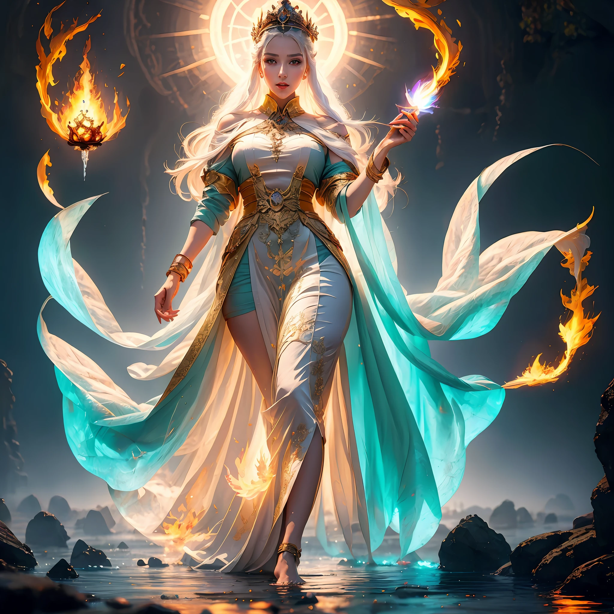 A woman in bizarre costume holding a fiery wand，Full close-up, Standing barefoot in a disc on the water，Fire in the hands，A circle of fire is raging around the body，Mysterious red flame，The background is the world of ice，It's all castles made of ice，A house built with ice，Endless icicles，Wacky ice building，Dark blue light，Spooky atmosphere，Towering spires，Mysterious atmosphere，Art germ on ArtStation Pixiv, Goddess of Light, IG model | Art germ, anime goddess, beautiful celestial mage, white haired deity, cushart krenz key art feminine, a beautiful fantasy empress, concept arts | Art germ, Artgerm style