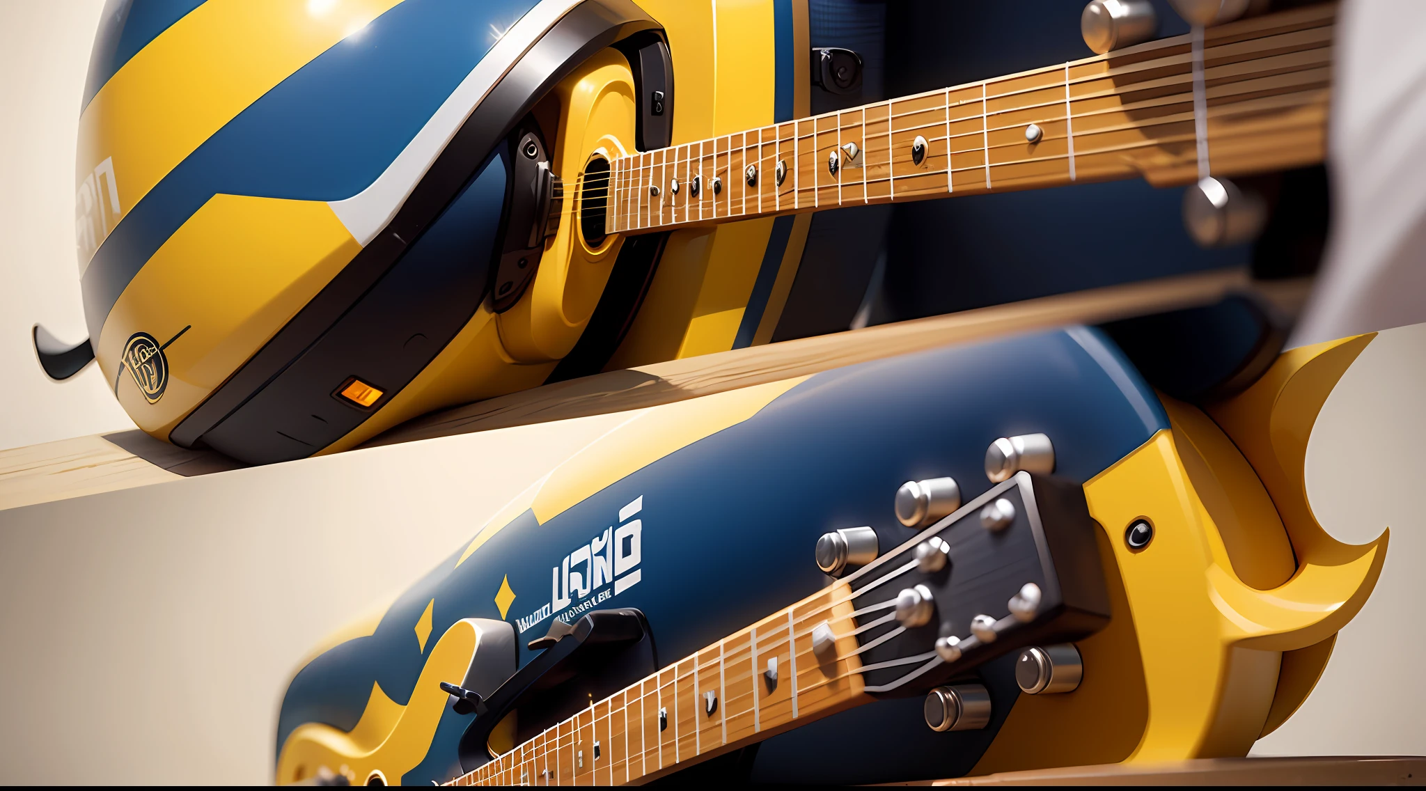 A horizontal design with yellow and dark blue colors of a brand that mixes musical elements with elements of mechanics --auto