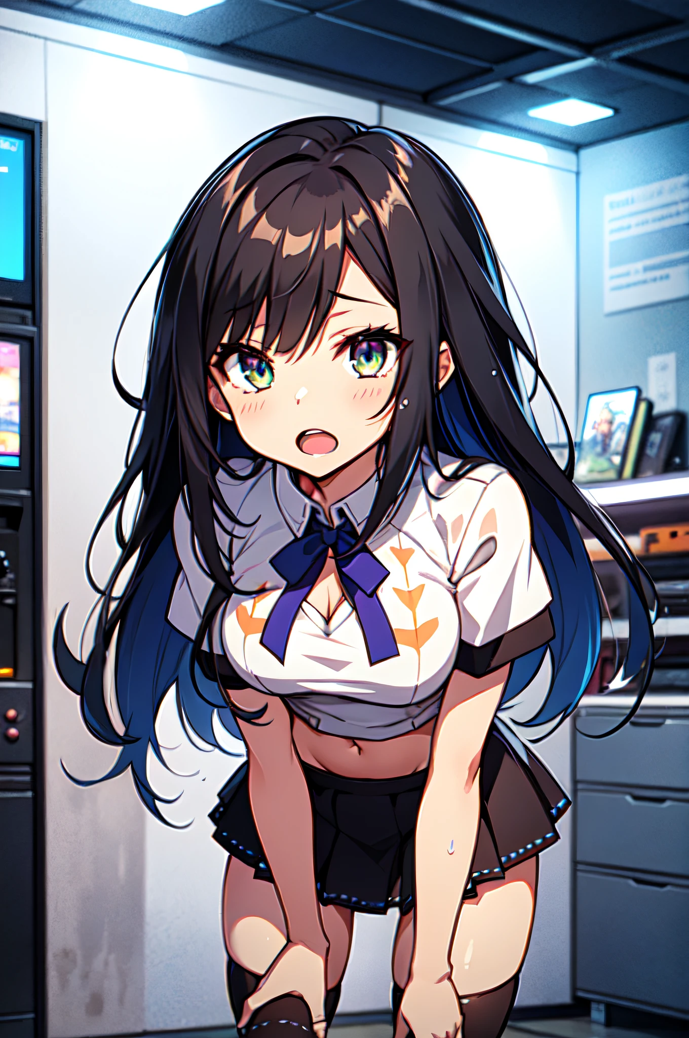 master piace, best quality,ultra detaild,8K_wall paper,(beautifuleyes),((a Pretty)),(Wonderful),(erotick),anime moe art style,1girls,Solo,,Mini skirt,1girls,,black hair,shirts,Long hair,,Navel,Dutch Angle,cowgirl position,Small breasts,,(((zettai ryouiki))),Wet T-Shirt:1.5,Short sleeves,Open mouth,double tooth,Video games in the room