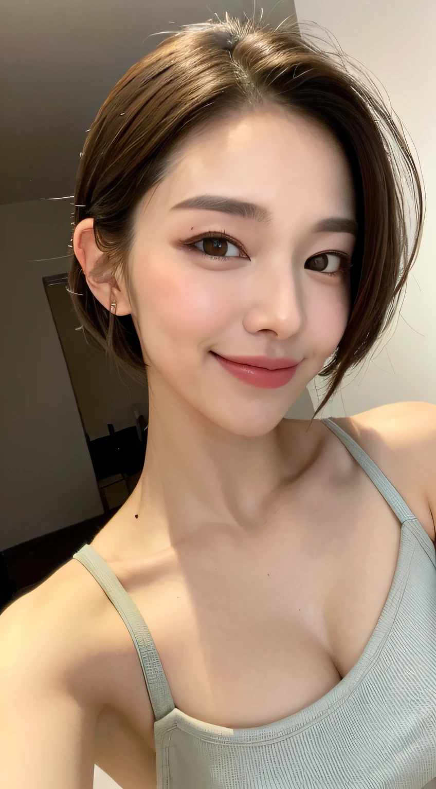 ((Best Quality, 8K, Masterpiece: 1.3)), 1girl, Slim Abs Beauty: 1.3, (Casual hairstyle, :1.2), Loose dress, super fine face, Delicate eyes, Double eyelids, smile. Take pictures in cute poses, very low figure, small waist, big breasts, close-up, close-up, beautiful background