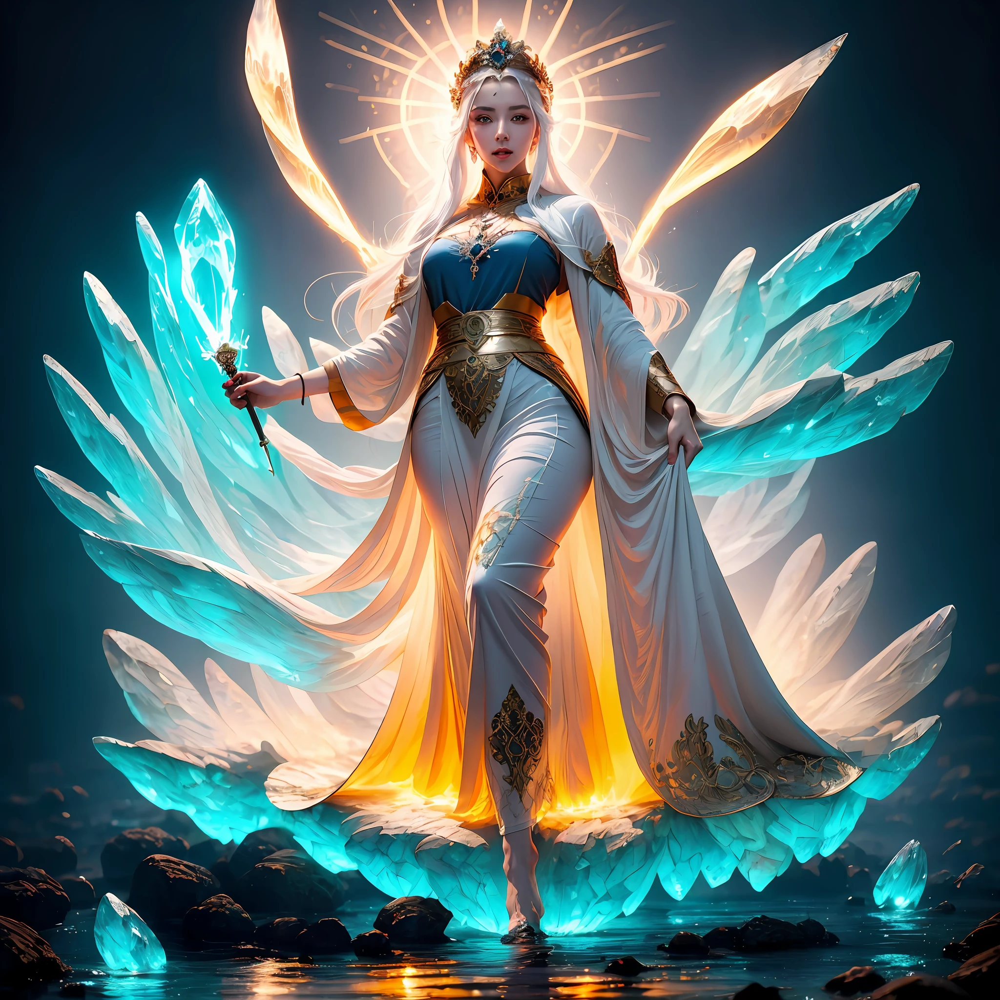 A woman in bizarre costume holding a fiery wand，Full close-up, Standing barefoot in a disc on the water，Fire in the hands，A circle of fire is raging around the body，Mysterious red flame，The background is the world of ice，It's all castles made of ice，A house built with ice，Endless icicles，Wacky ice building，Dark blue light，Spooky atmosphere，Towering spires，Mysterious atmosphere，Art germ on ArtStation Pixiv, Goddess of Light, IG model | Art germ, anime goddess, beautiful celestial mage, white haired deity, cushart krenz key art feminine, a beautiful fantasy empress, concept arts | Art germ, Artgerm style