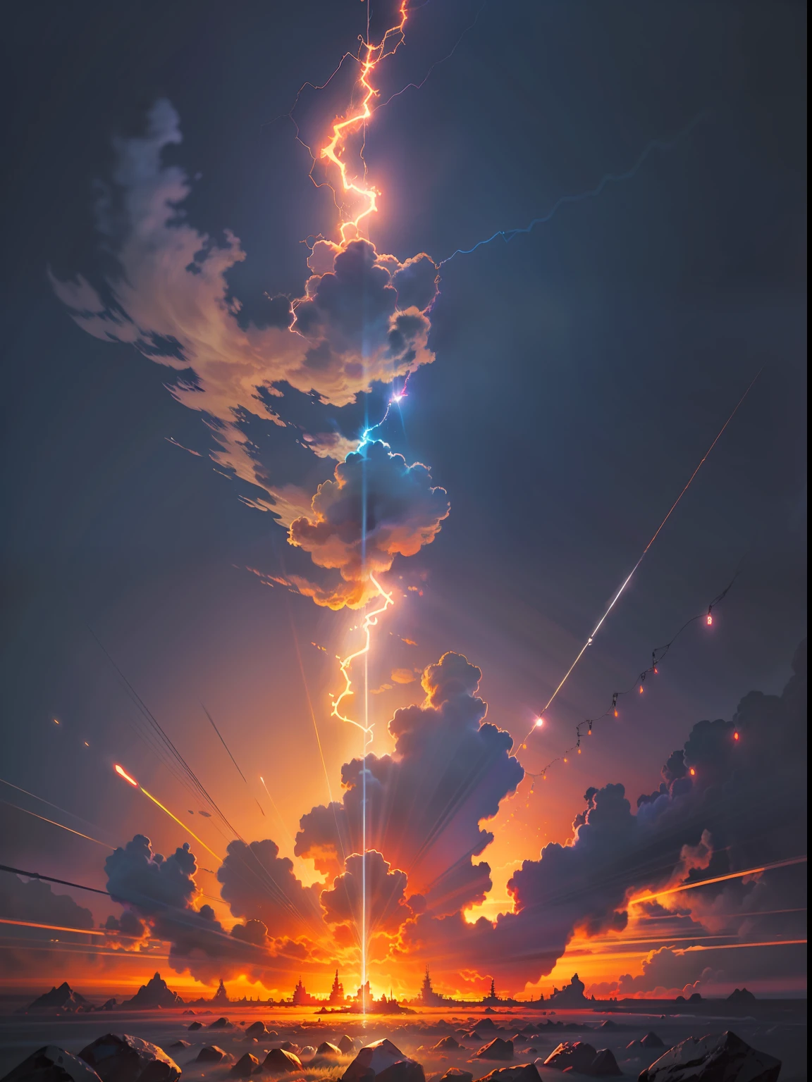 rayos en el cielo, fuego luminoso, Sky-centered magic , rayoss brillantes,  rojo, rayo aules, destellos de rayos, por Beeple, 8k hdr