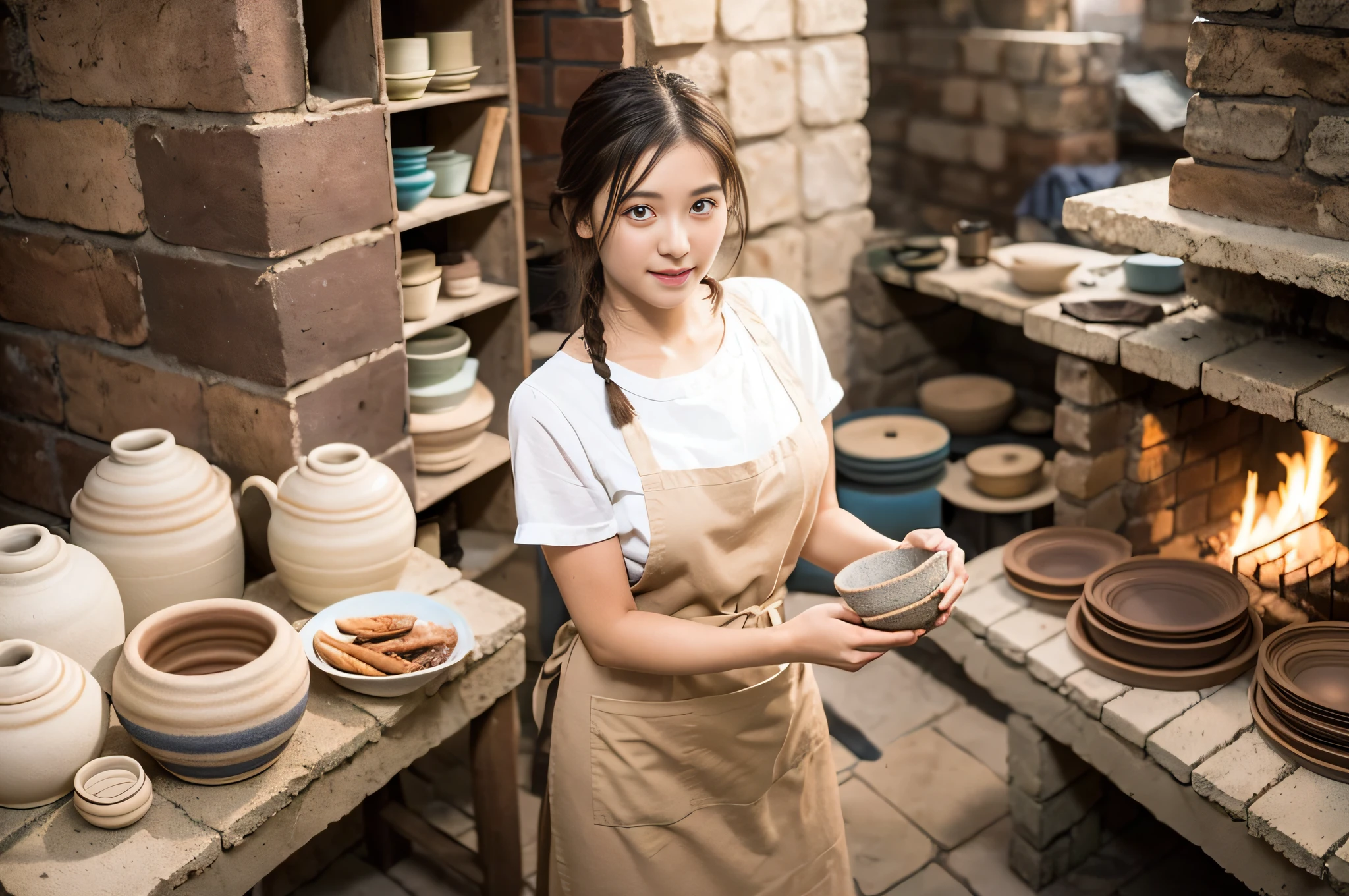 Potter, (pretty young woman:1.1) with braided dark hair, warm brown eyes, sun-kissed skin, wearing a simple (work dress:1.2), often with an apron, (clay:1.1). She molds her creations in a pottery hut, surrounded by raw clay, a potter's wheel, sculpting tools, and an open fire kiln, with various stages of pottery lined up.