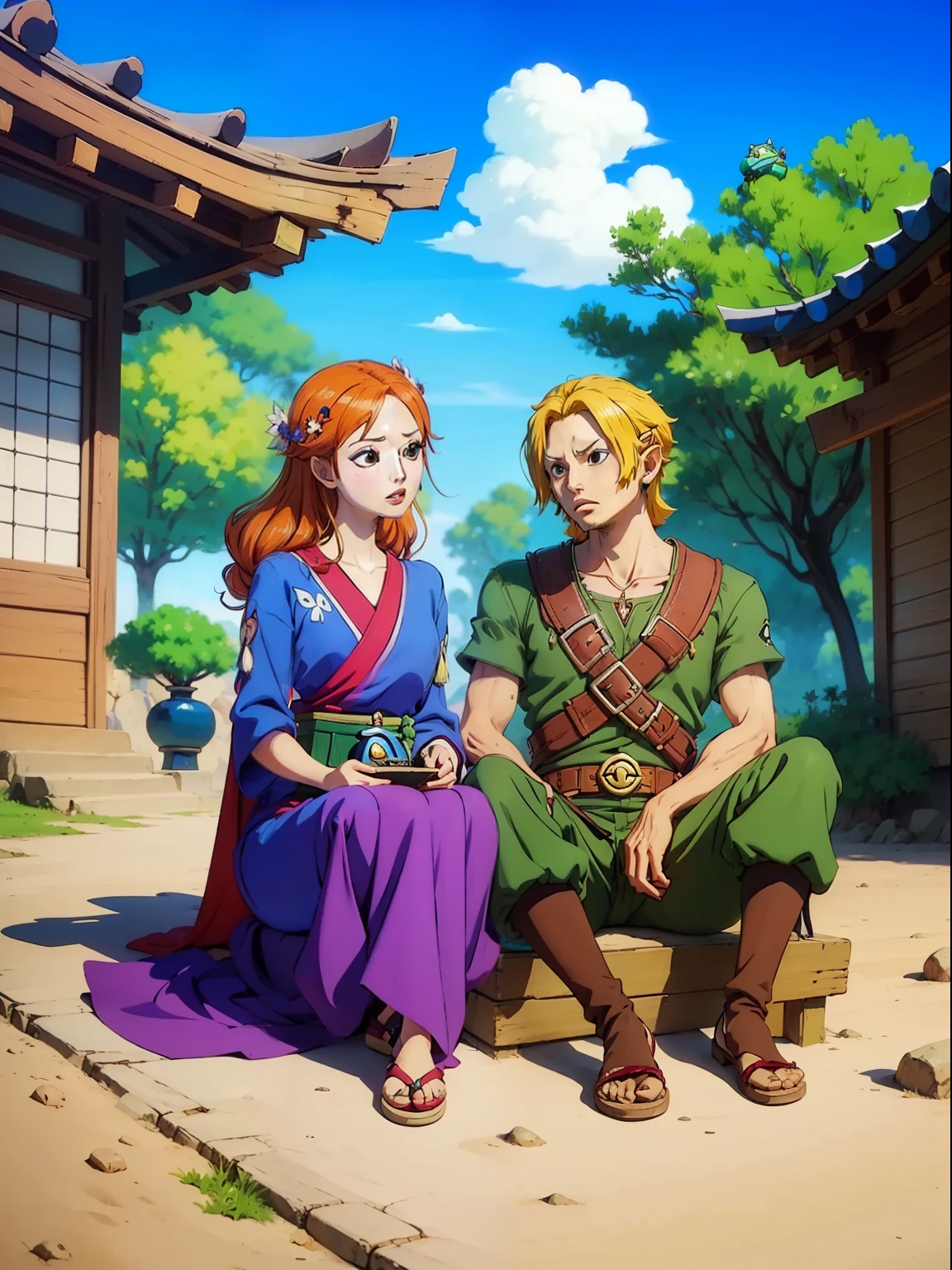The Legend of Zelda: Ocarina of Time, Link and Zelda, sitting next to each other, a detailed painting by Torii Kiyomitsu, featured on pixiv, sots art, official art, anime aesthetic. cute