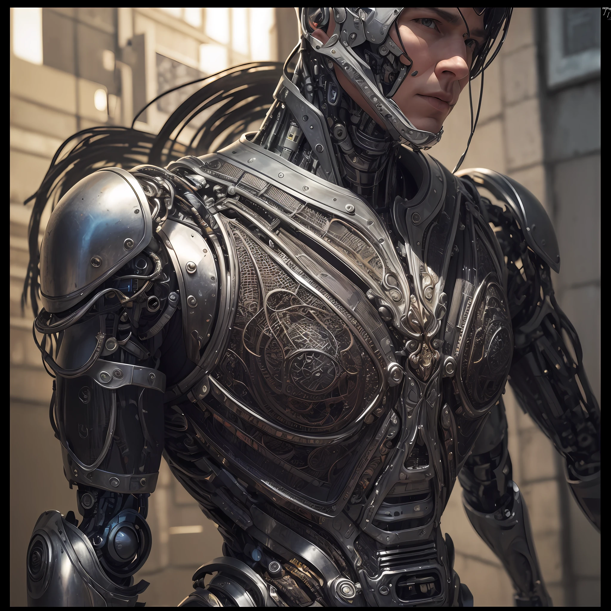 NCIS, actor, Michael Weatherly, 独奏, The whole body is made of metal, (A cyborg:1.1), ([tail | Detailed wire]:1.3), (intricate detail), HDR, (intricate detail, hyper-detail:1.2), Cinematic Frame, vignette, in the center, “Hyper-realistic textures," "Exact Details,” “Realistic still life,” “Realistic portraits,” “Realistic landscapes."