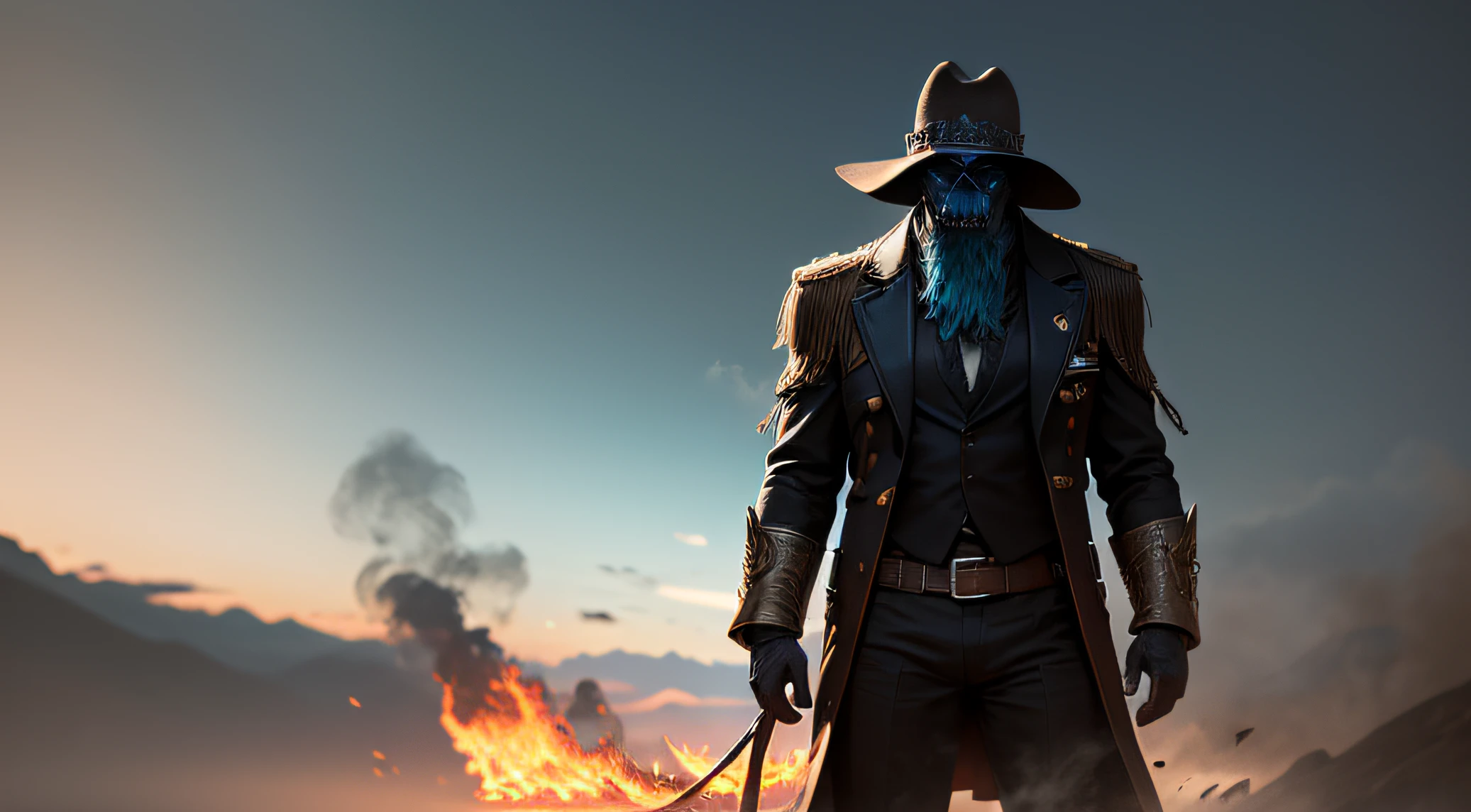 /imagine prompt: El Charro Negro, una leyenda mexicana, con su cuerpo de esqueleto cubierto por un traje de charro desgastado, monta sobre un caballo espectral, as blue flames burn in their empty eye sockets. Cinematographer, lente: gran angular de 24 mm, --ar 16:9 --auto