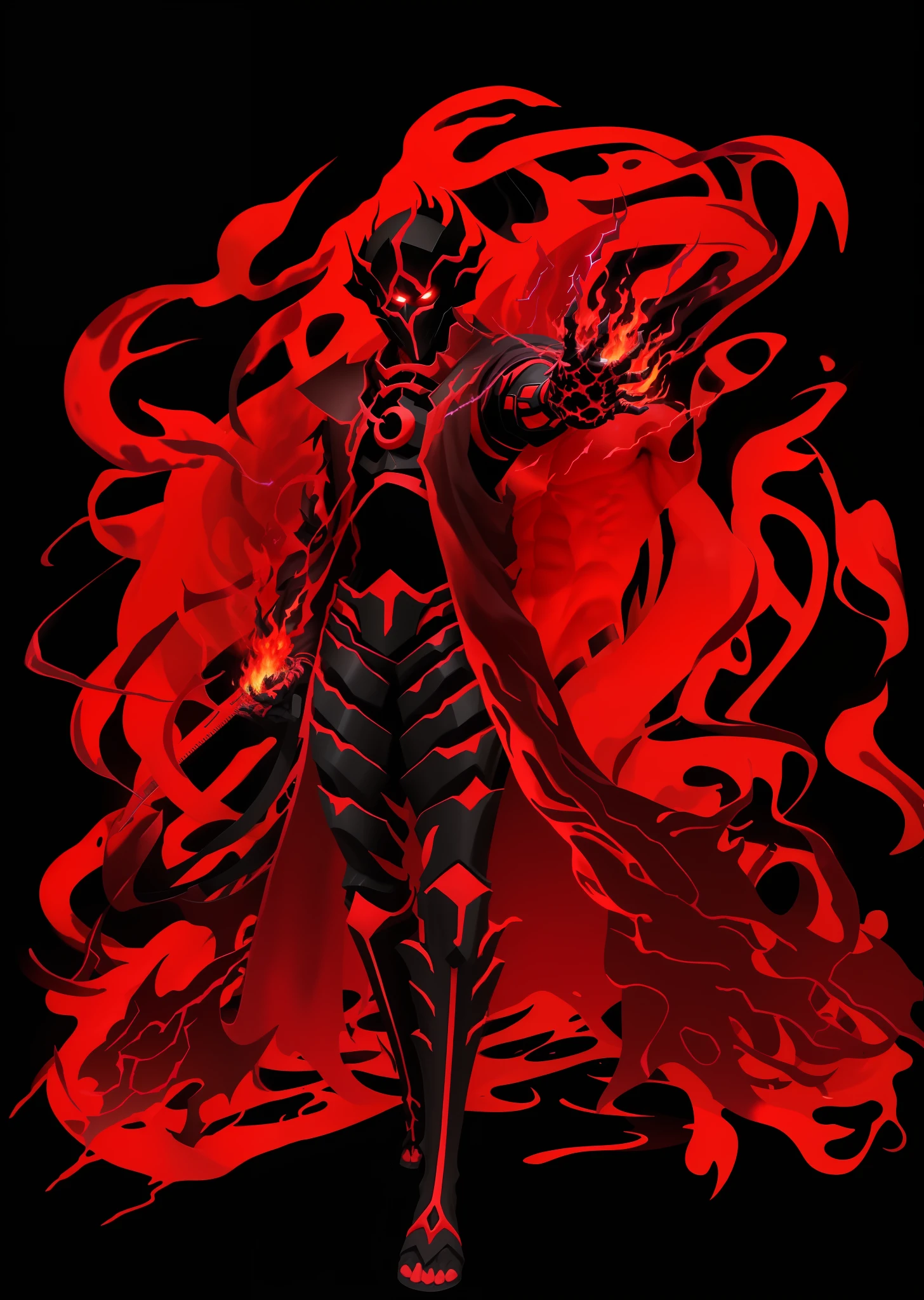 a close up of a person with a red and black costume, ruler of inferno, emitting evil red aura, the king of blades, red aura, his body made of flames, blood moon tentacles!!, official artwork, infernal enigma, lava and fire god, portrait of ninja slayer, crimson darkness, Advanced Digital Anime Art ", fire!! full - body