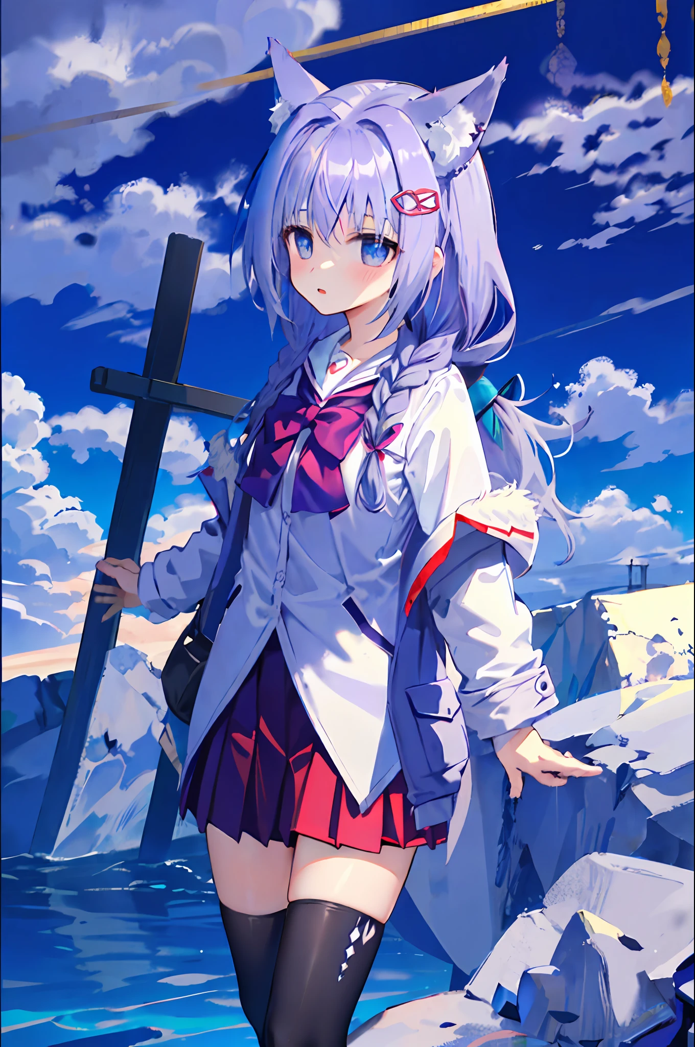 1girls， scenecy， cloudy skies， Tano， the panorama， on overlook，（The high-contrast：0.8），（Faraway view）， blurryforeground， Tuuli，
Shinku \（ Iro toridori no sekai\） ， Gray-purple hair， blue eyed， Double braid， long haired， Hair ribbons， Red pleated skirt， Manteau， white blouse shirt， shcool uniform， Wolf ears， hair tying，Fluffy wolf tail
 Trim the markers， skies， Gradia， Floating islands
masterpiece，high resolucion，extremely detailed CG Unity 8k wallpapers，最佳质量，ultra -detailed，