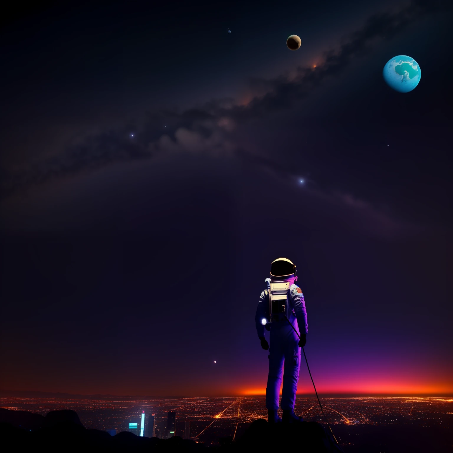 Astronaut on his back watching the starry sky at dusk in the city , planets in the sky, Estilo Synthwave, cybercore