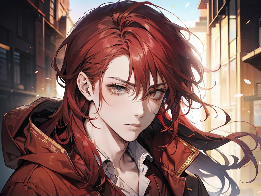 A guy,red tinted hair,long haired,Handsome-looking,Wear bathrobes
